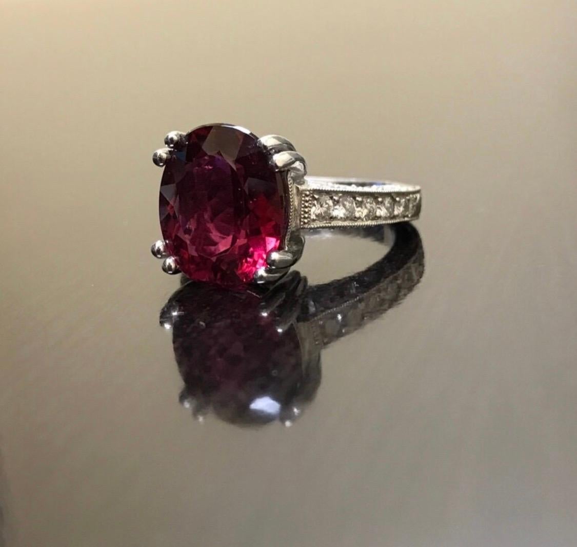 Art Deco Hand Engraved Platinum Pave Diamond Oval Rubelite Engagement Ring For Sale 5