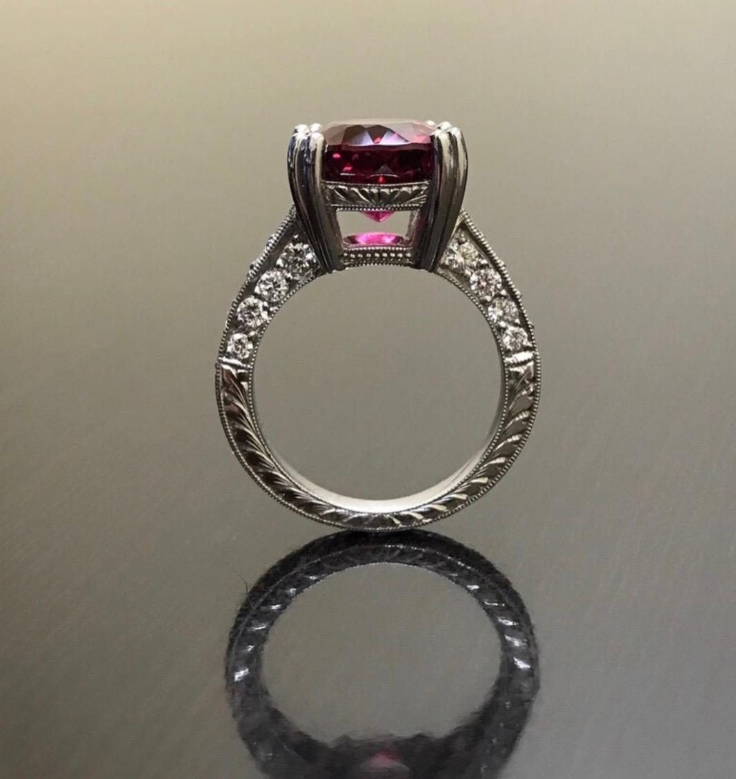 Art Deco Hand Engraved Platinum Pave Diamond Oval Rubelite Engagement Ring For Sale 7