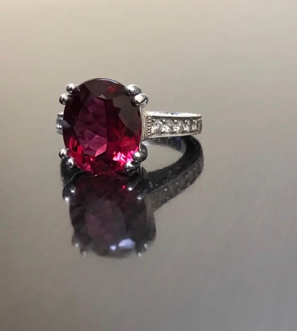 Art Deco Hand Engraved Platinum Pave Diamond Oval Rubelite Engagement Ring For Sale 8