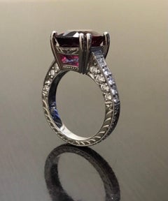 Art Deco Hand Engraved Platinum Pave Diamond Oval Rubelite Engagement Ring