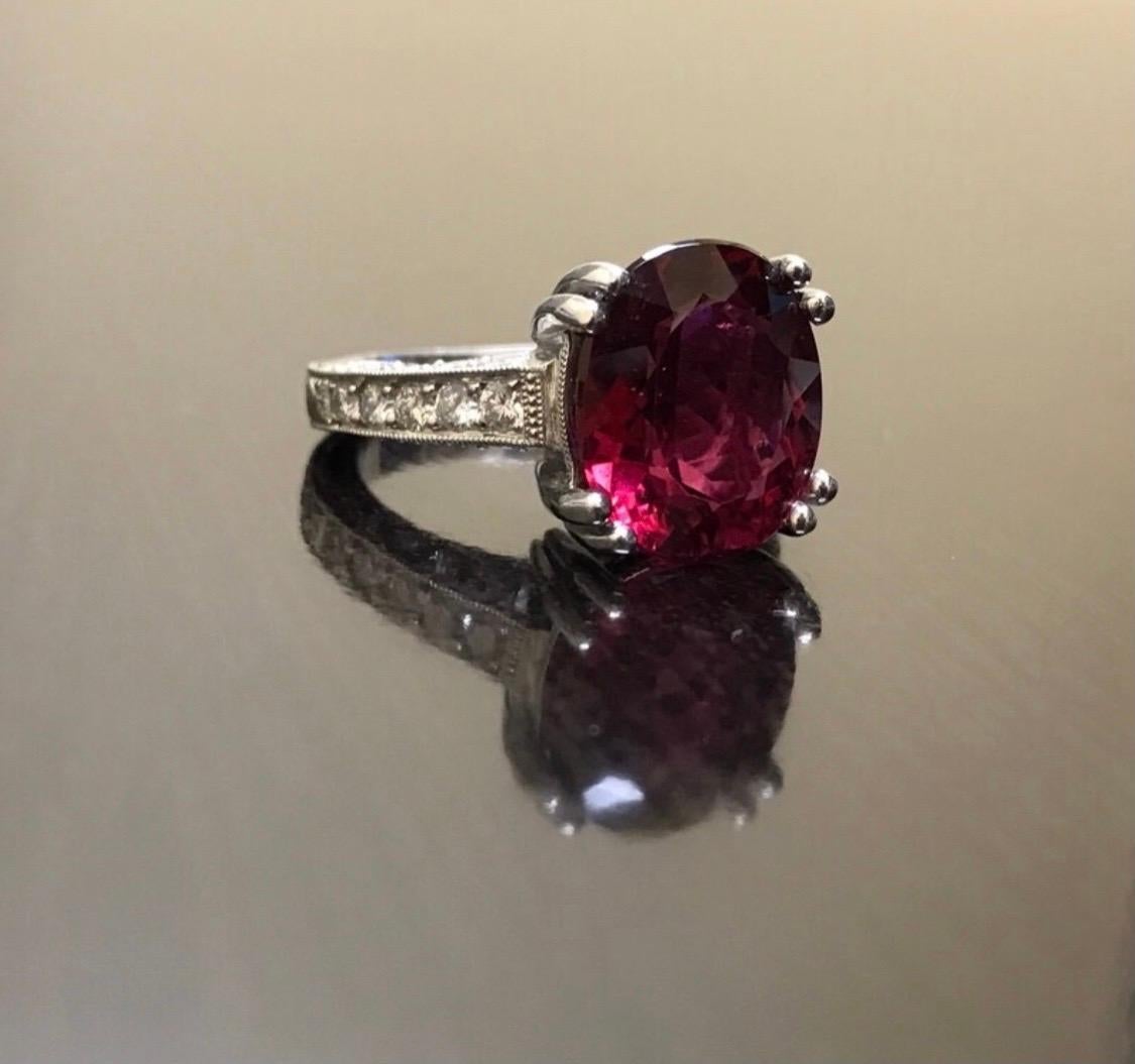 Art Deco Hand Engraved Platinum Pave Diamond Oval Rubelite Engagement Ring In New Condition For Sale In Los Angeles, CA