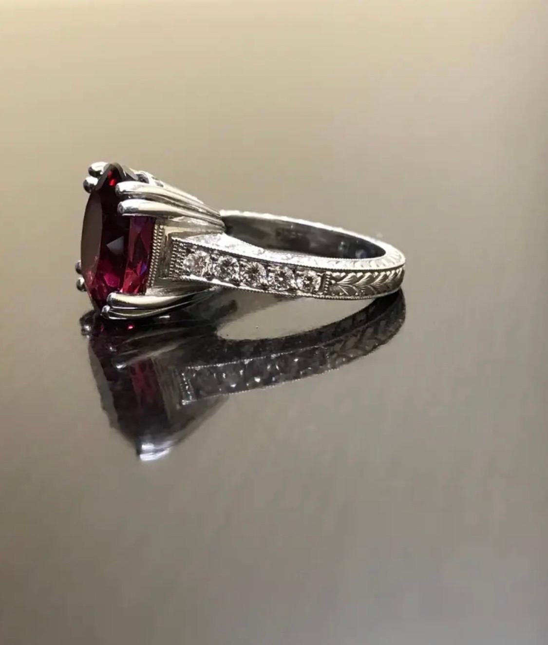 Art Deco Hand Engraved Platinum Pave Diamond Oval Rubelite Engagement Ring For Sale 1