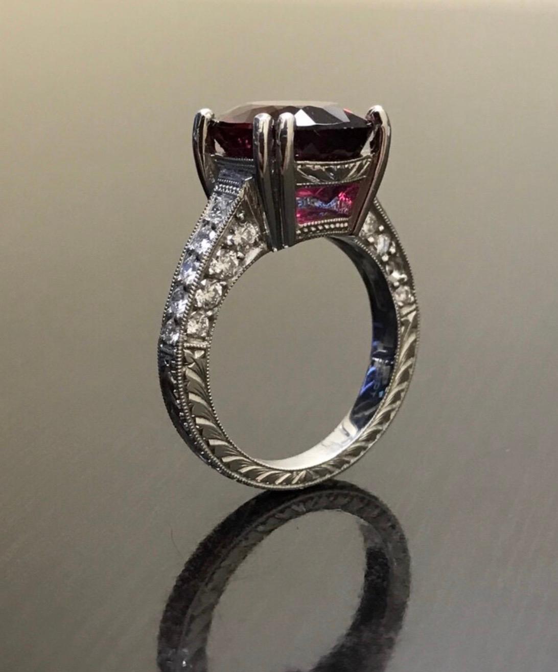 Art Deco Hand Engraved Platinum Pave Diamond Oval Rubelite Engagement Ring For Sale 3