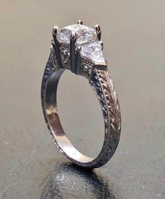 Hand Engraved Platinum Three Stone Princess Cut Diamond Engagement Ring