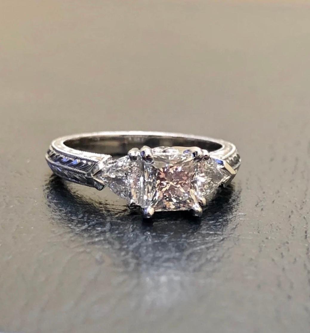 Art Deco Hand Engraved Platinum Three Stone Princess Cut Diamond Engagement Ring In New Condition For Sale In Los Angeles, CA
