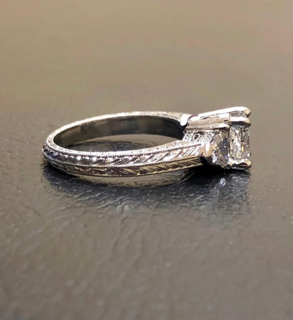Women's or Men's Art Deco Hand Engraved Platinum Three Stone Princess Cut Diamond Engagement Ring For Sale