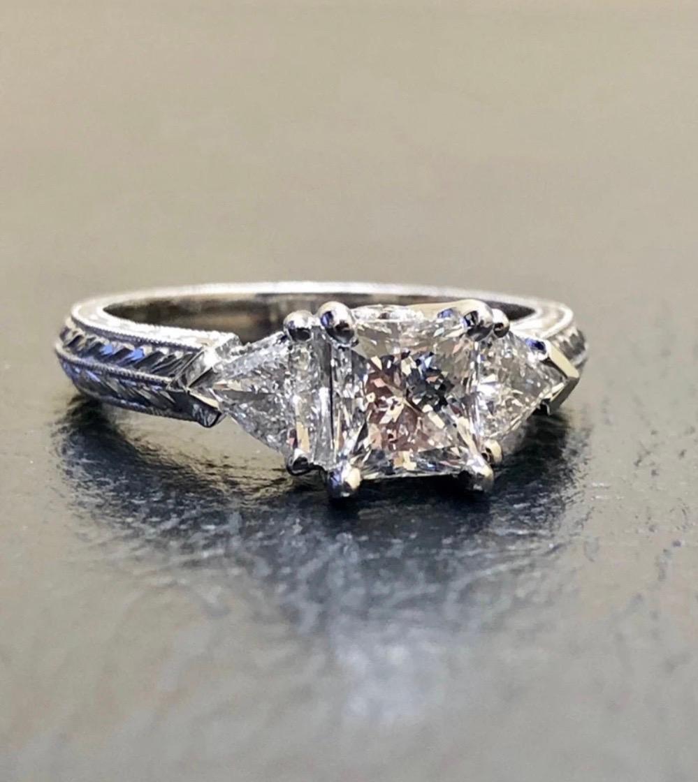 Art Deco Hand Engraved Platinum Three Stone Princess Cut Diamond Engagement Ring For Sale 1