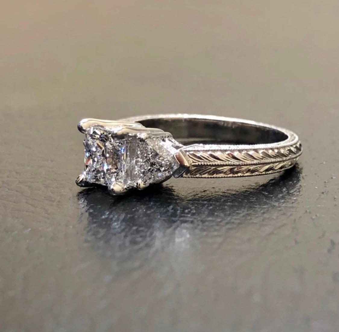 Art Deco Hand Engraved Platinum Three Stone Princess Cut Diamond Engagement Ring For Sale 2