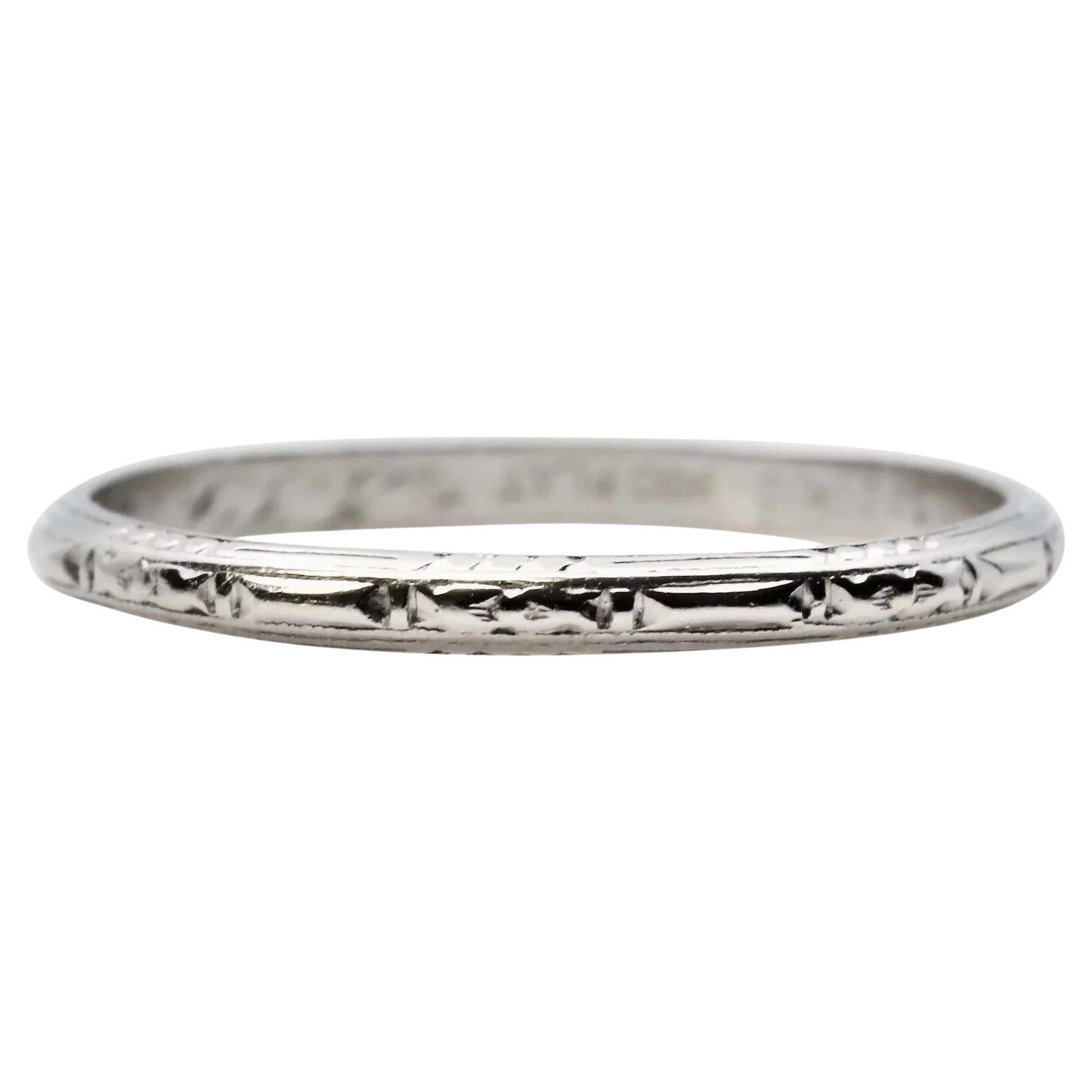 Art Deco Hand Engraved Platinum Wedding Band C. 1932 Size 6 3/4