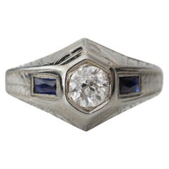 Antique Art Deco Hand Etched. 57ct Old European Diamond 18K Engagement Ring Bluesapphire