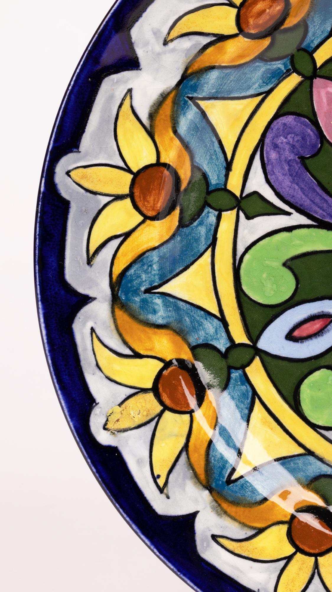 Glazed Art Deco Hand Painted Abstract Leaf Design Plate Attributed to Charlotte Rhead