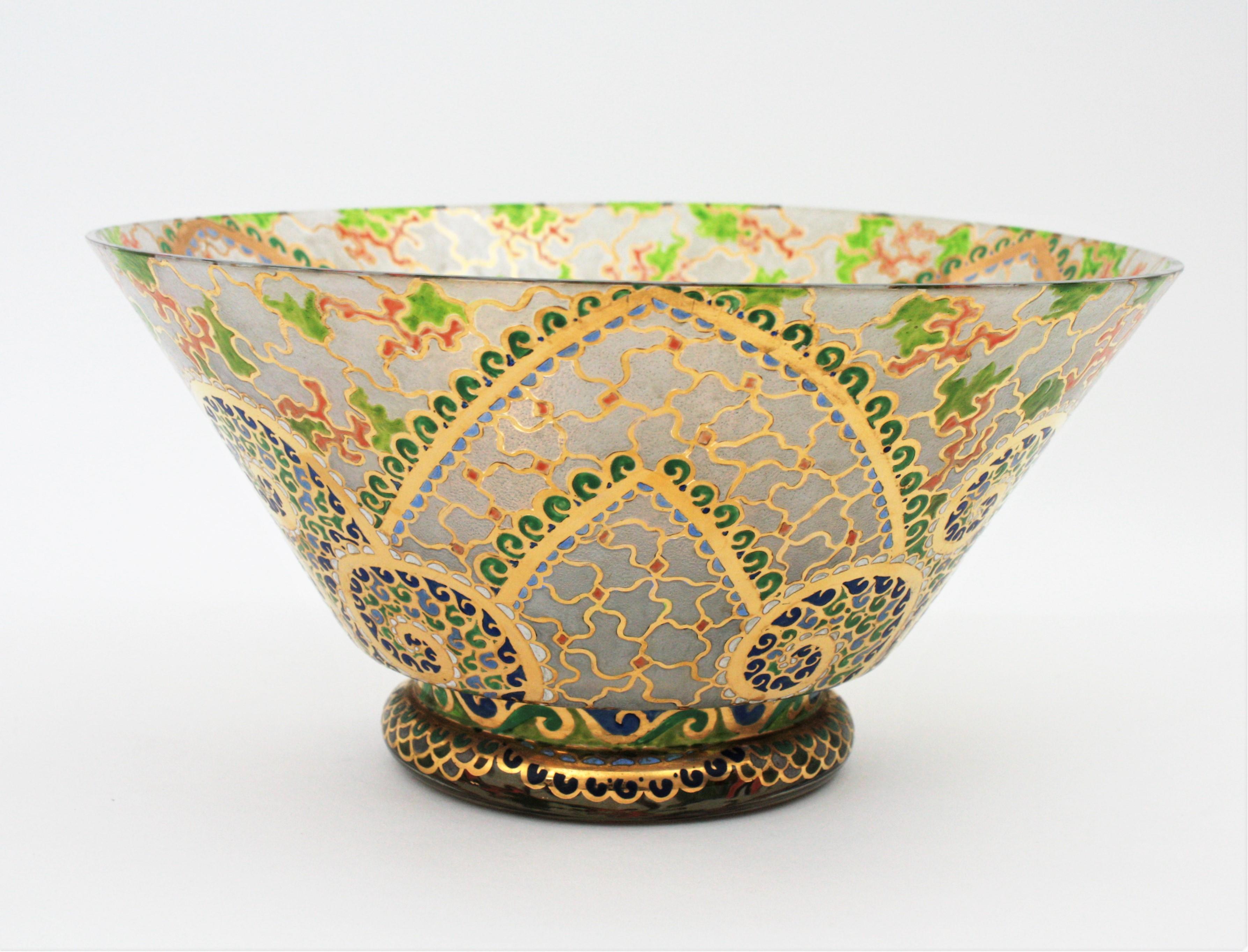 Art Deco Hand Painted Enameled Polychrome & Gold Glass Centerpiece Bowl by Riera 2