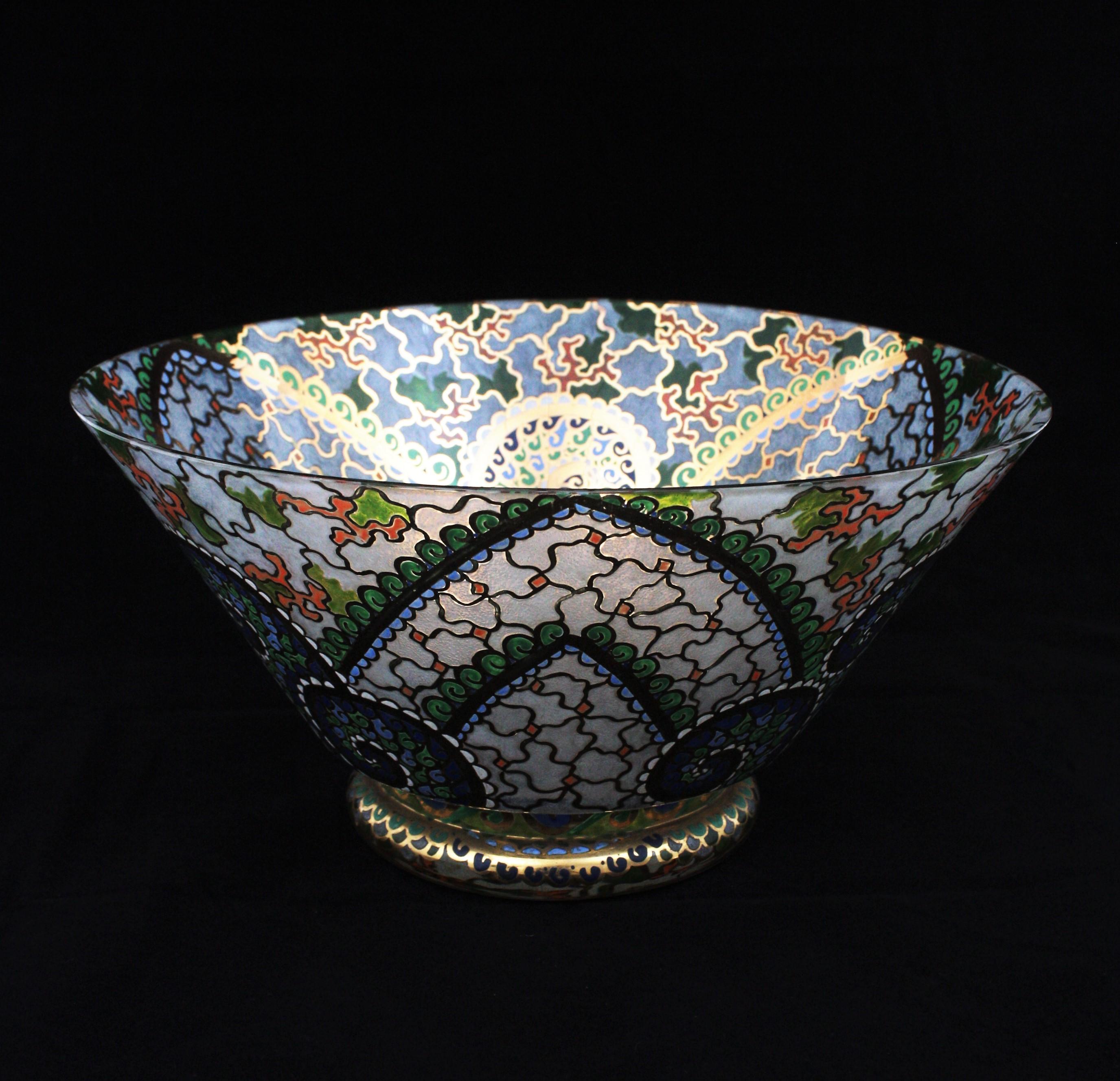 Art Deco Hand Painted Enameled Polychrome & Gold Glass Centerpiece Bowl by Riera 3