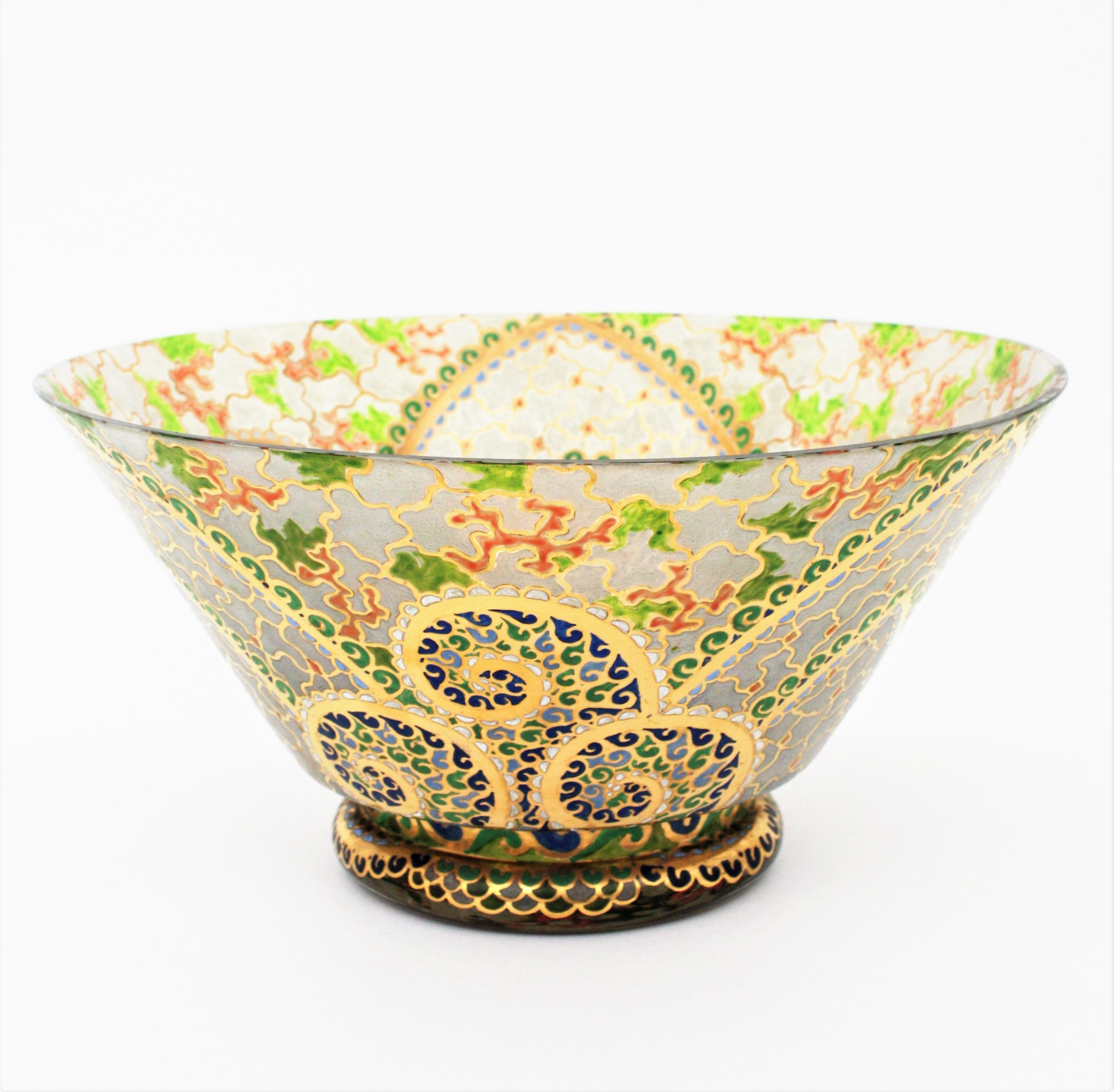 Art Deco Hand Painted Enameled Polychrome & Gold Glass Centerpiece Bowl by Riera 4