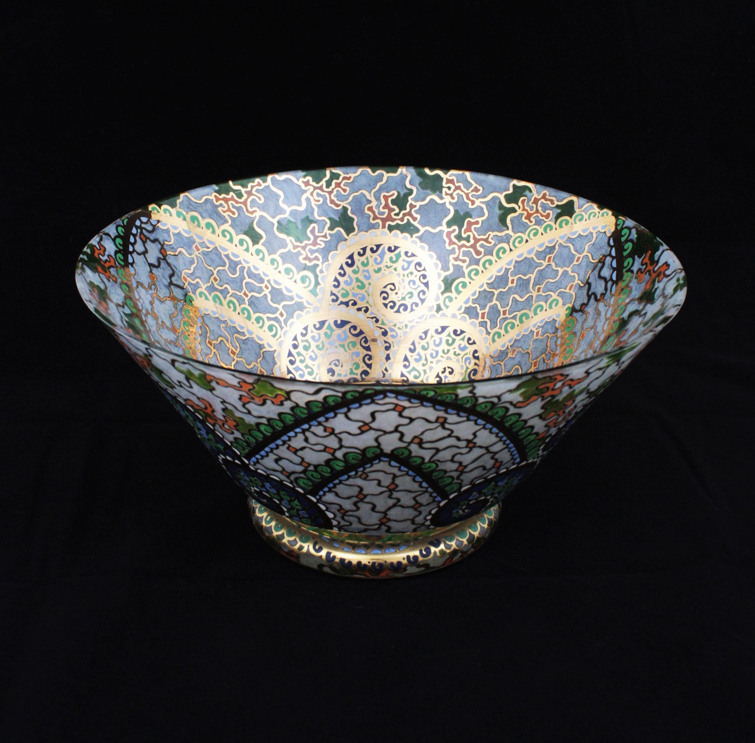 Art Deco Hand Painted Enameled Polychrome & Gold Glass Centerpiece Bowl by Riera 5