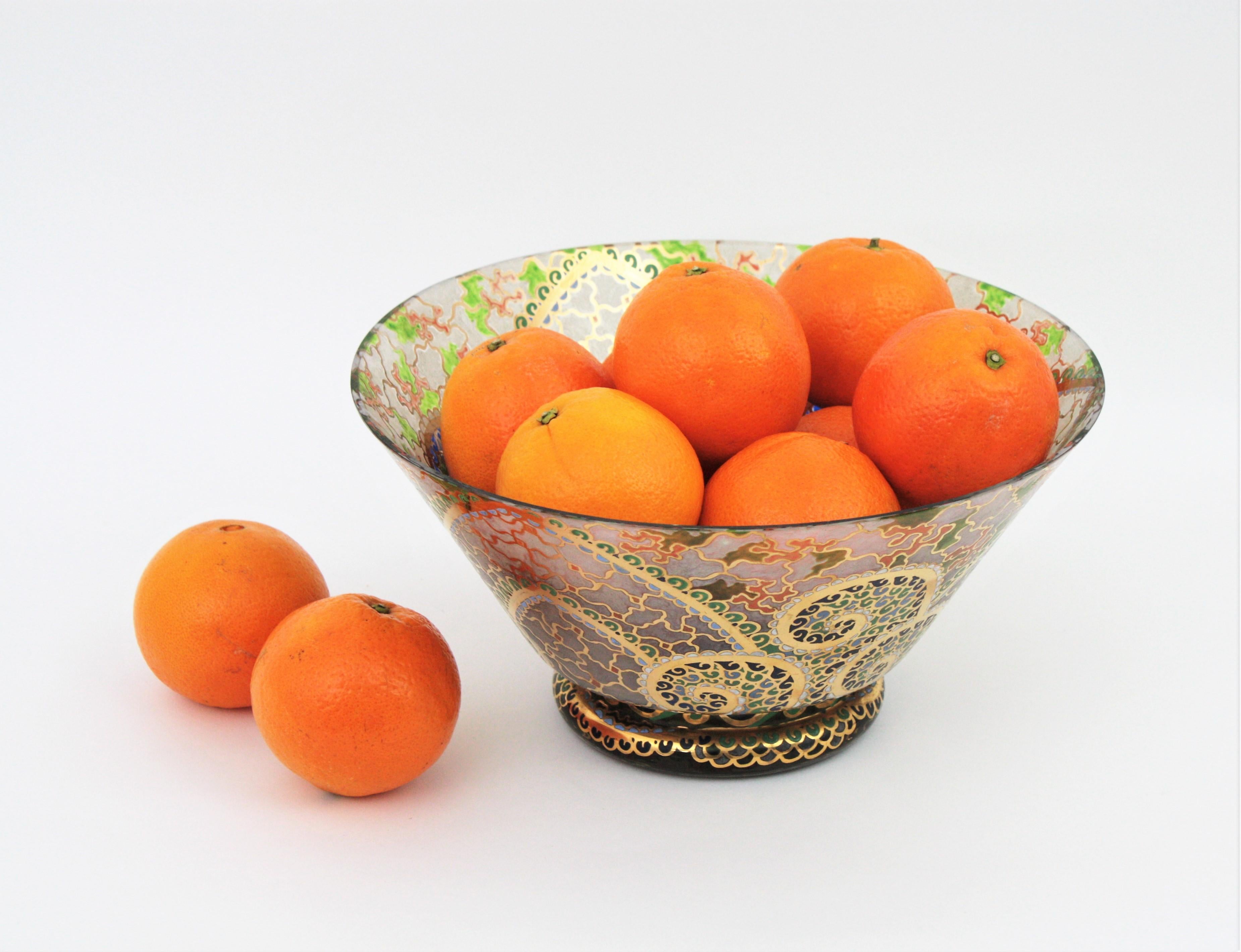 Art Deco Hand Painted Enameled Polychrome & Gold Glass Centerpiece Bowl by Riera (Art déco)