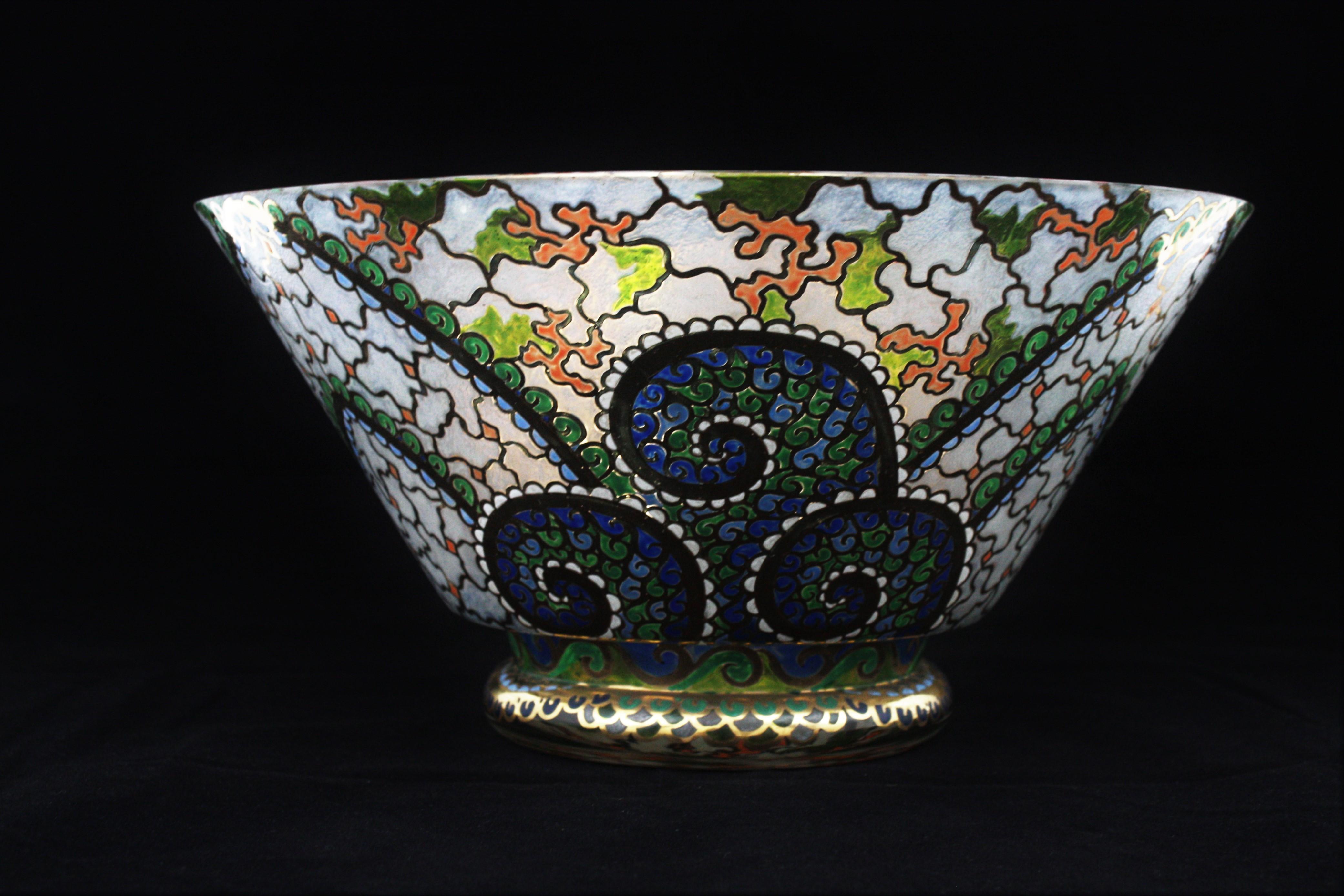 Art Deco Hand Painted Enameled Polychrome & Gold Glass Centerpiece Bowl by Riera (Spanisch)