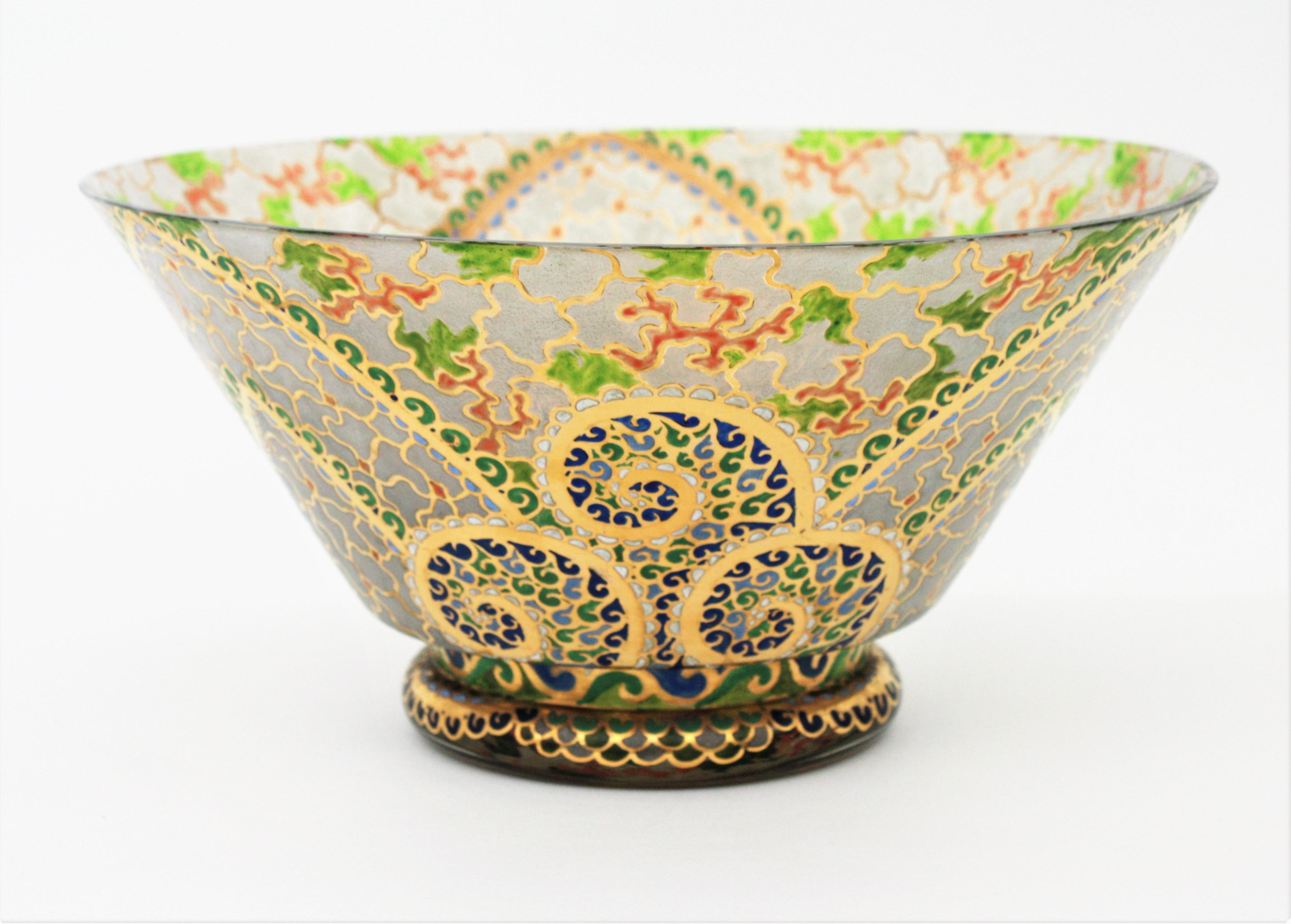 Art Deco Hand Painted Enameled Polychrome & Gold Glass Centerpiece Bowl by Riera (Emailliert)