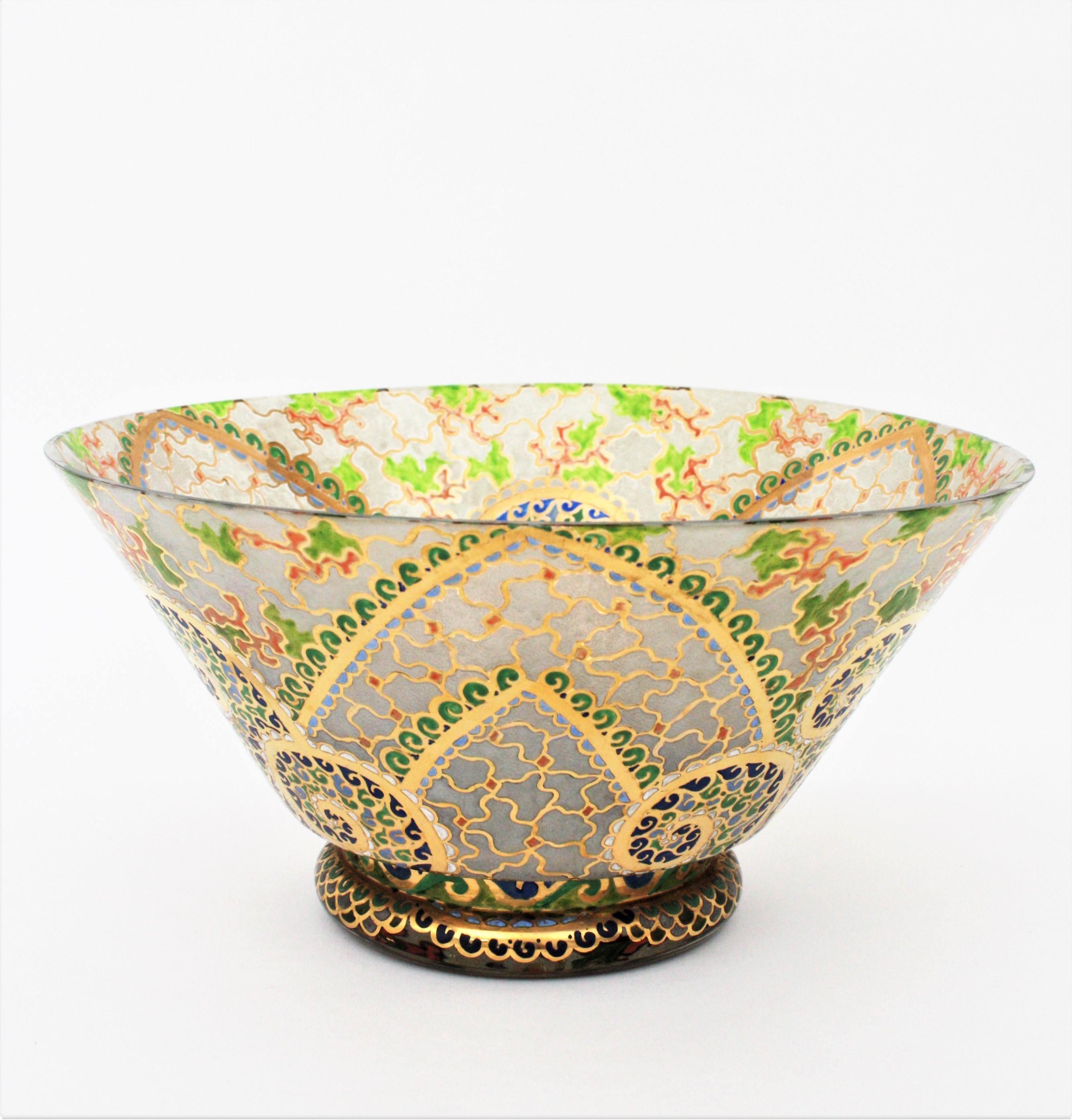 Art Deco Hand Painted Enameled Polychrome & Gold Glass Centerpiece Bowl by Riera (20. Jahrhundert)