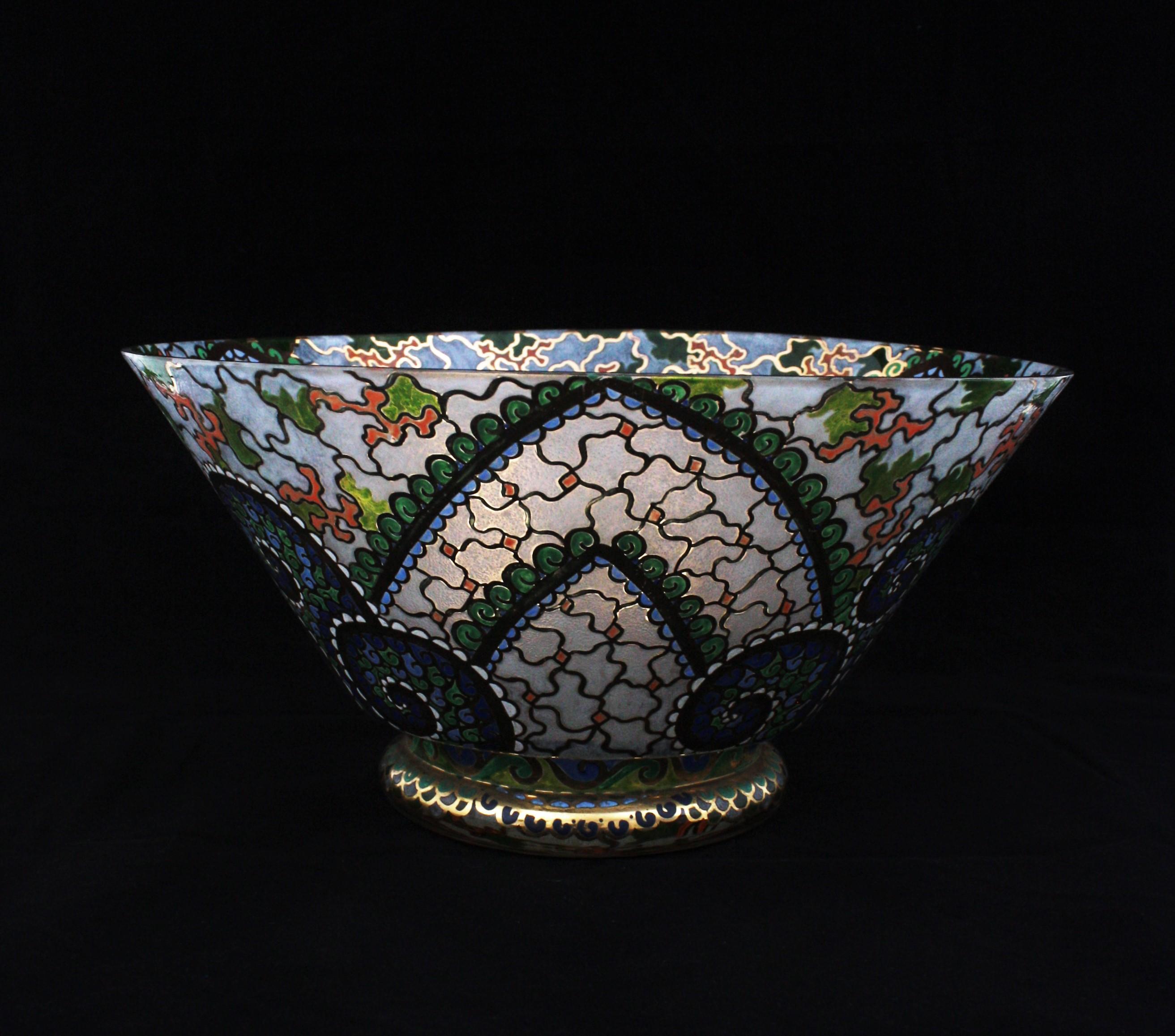 Art Deco Hand Painted Enameled Polychrome & Gold Glass Centerpiece Bowl by Riera 1