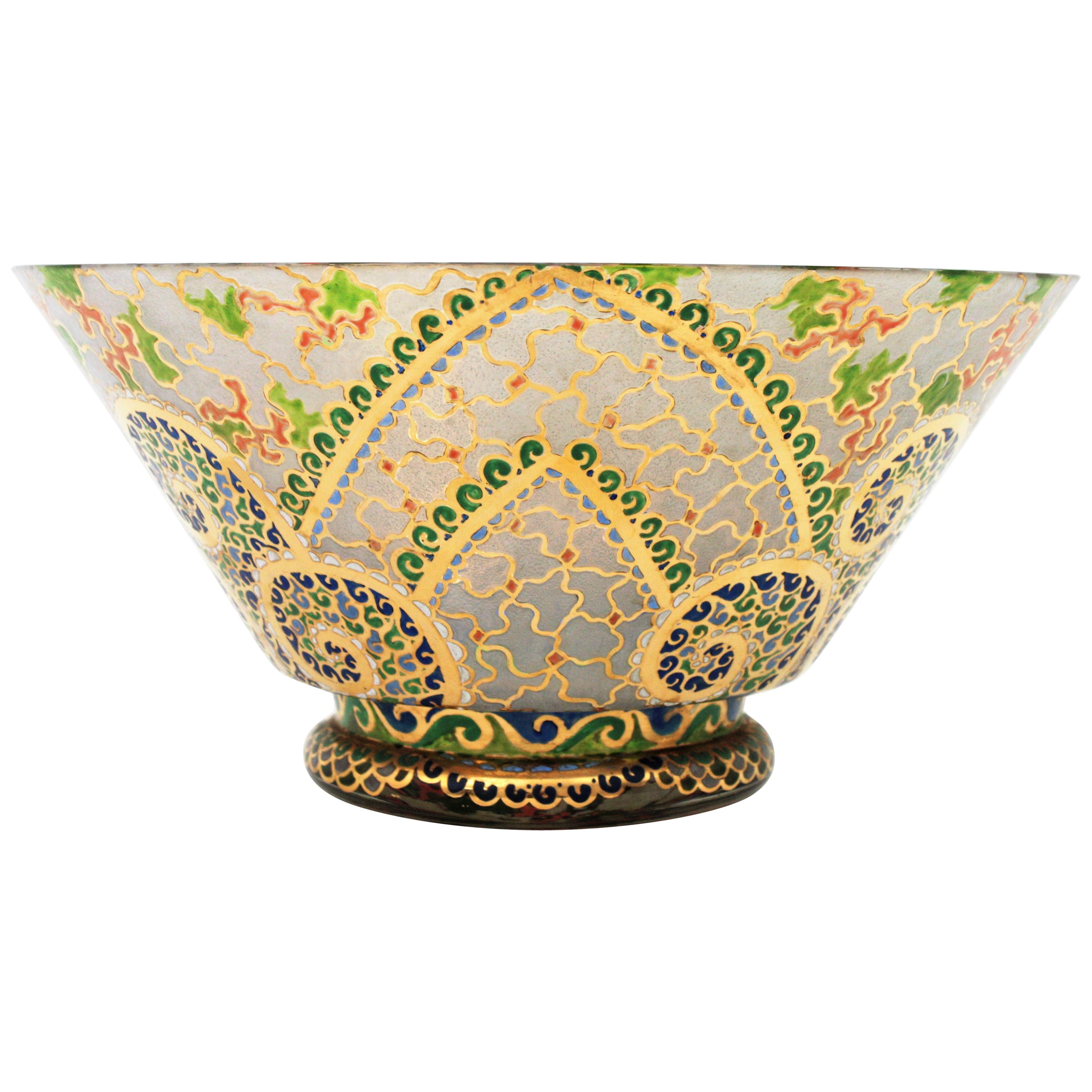 Art Deco Hand Painted Enameled Polychrome & Gold Glass Centerpiece Bowl by Riera