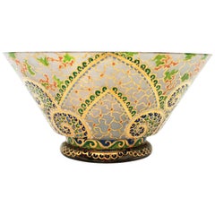 Art Deco Hand Painted Enameled Polychrome & Gold Glass Centerpiece Bowl by Riera