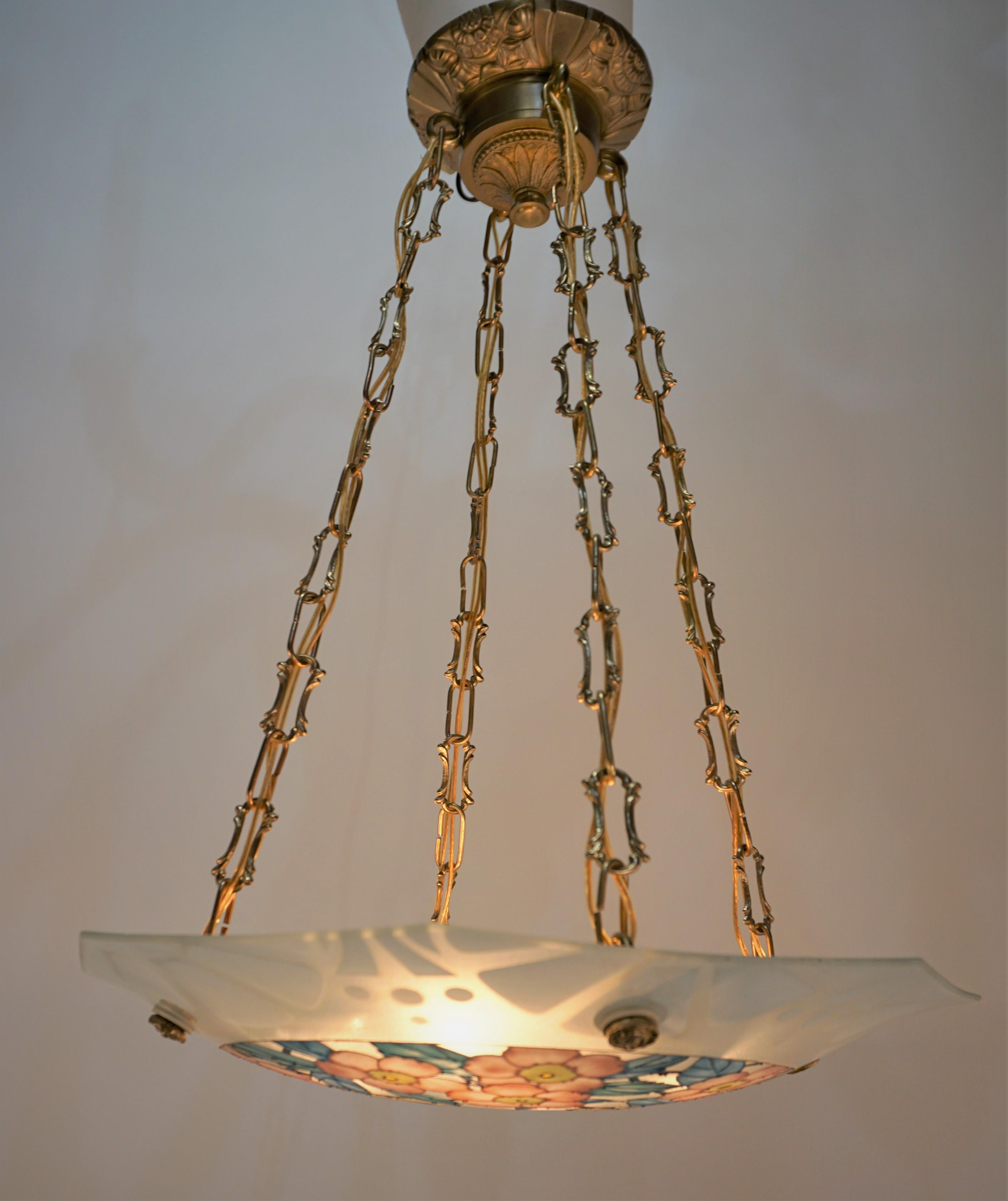 French Art Deco Hand Painted Glass Chandelier with Bronze Fitting For Sale