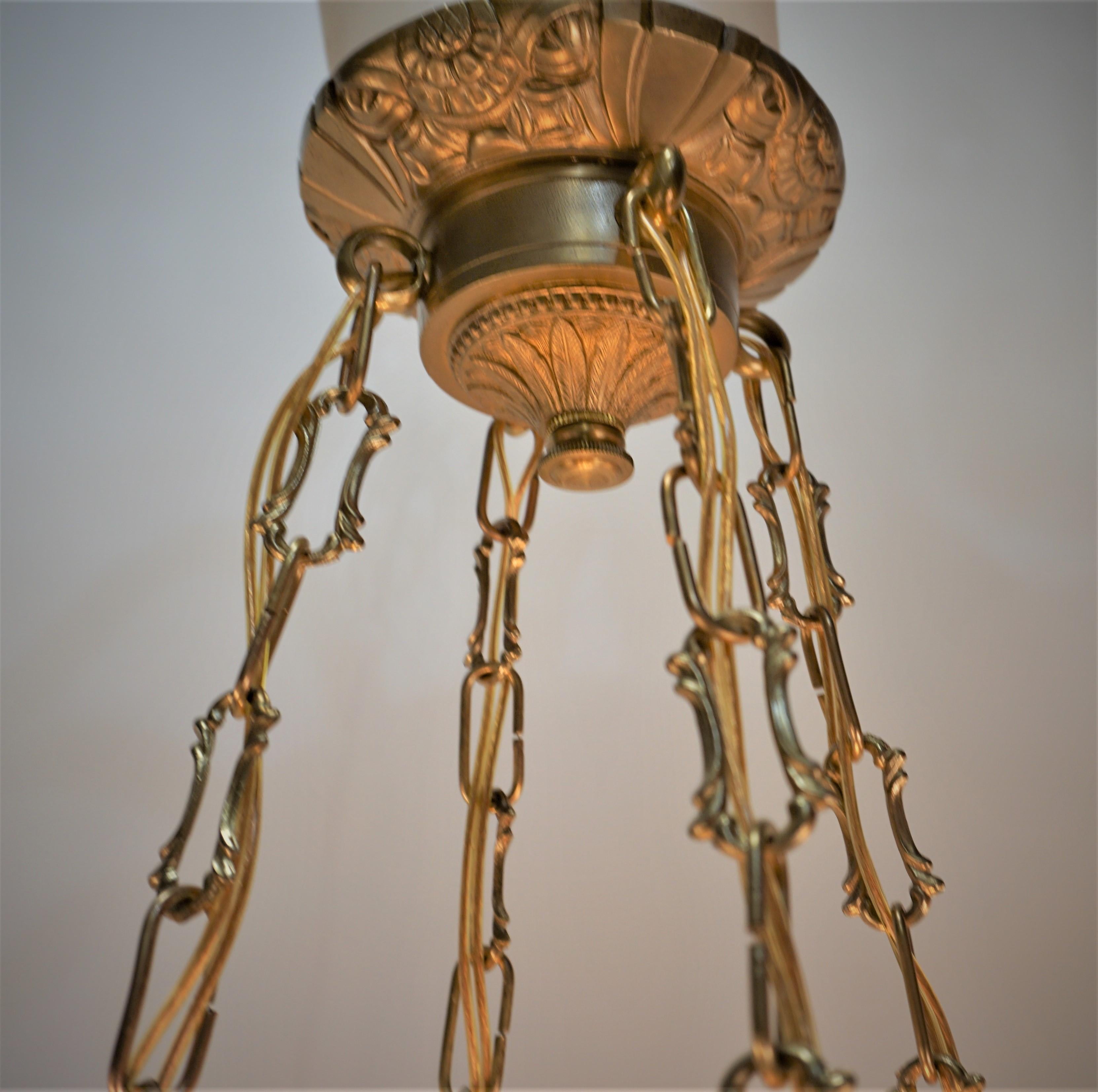 Art Deco Hand Painted Glass Chandelier with Bronze Fitting In Good Condition For Sale In Fairfax, VA