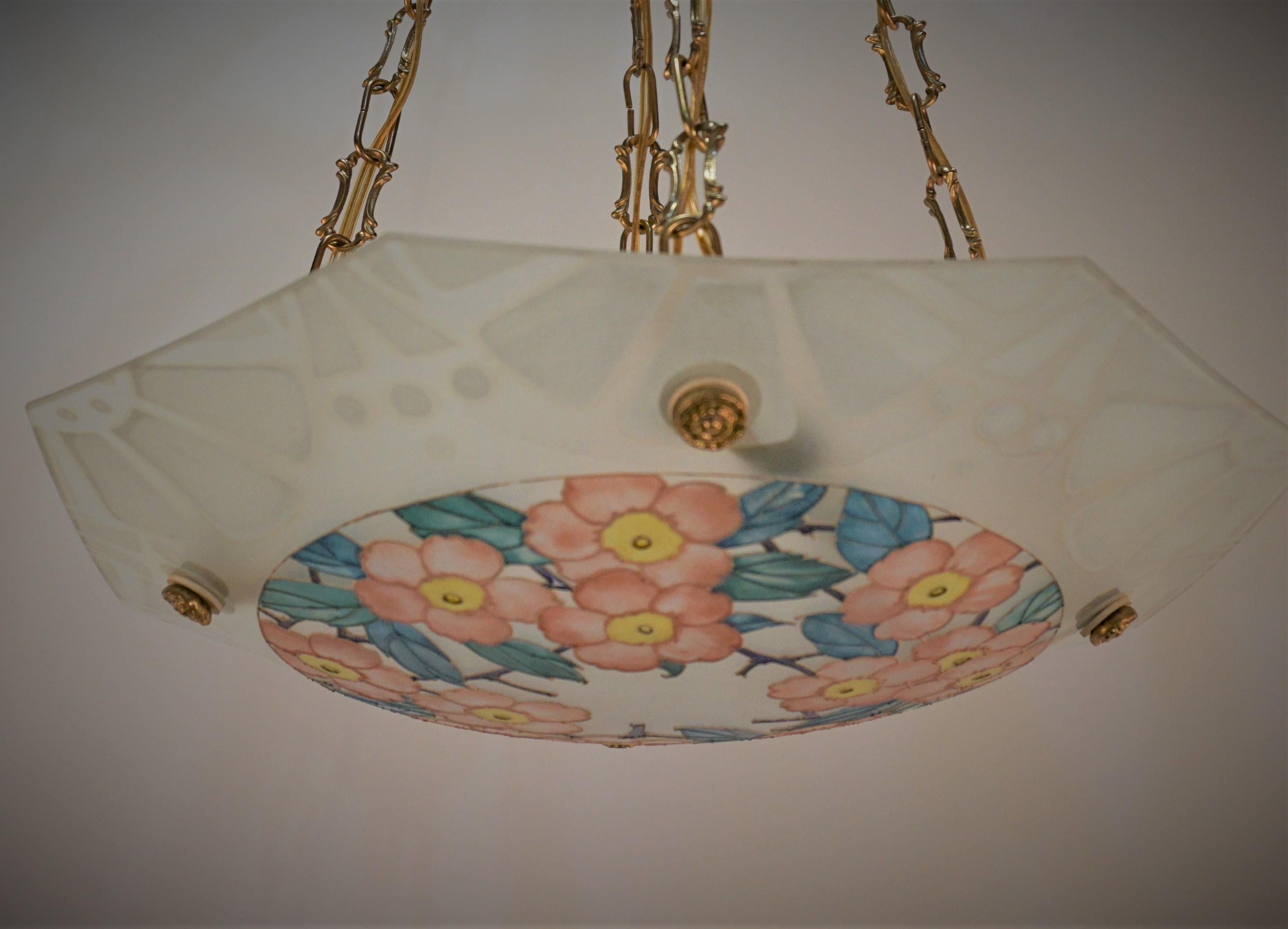Art Deco Hand Painted Glass Chandelier with Bronze Fitting For Sale 4