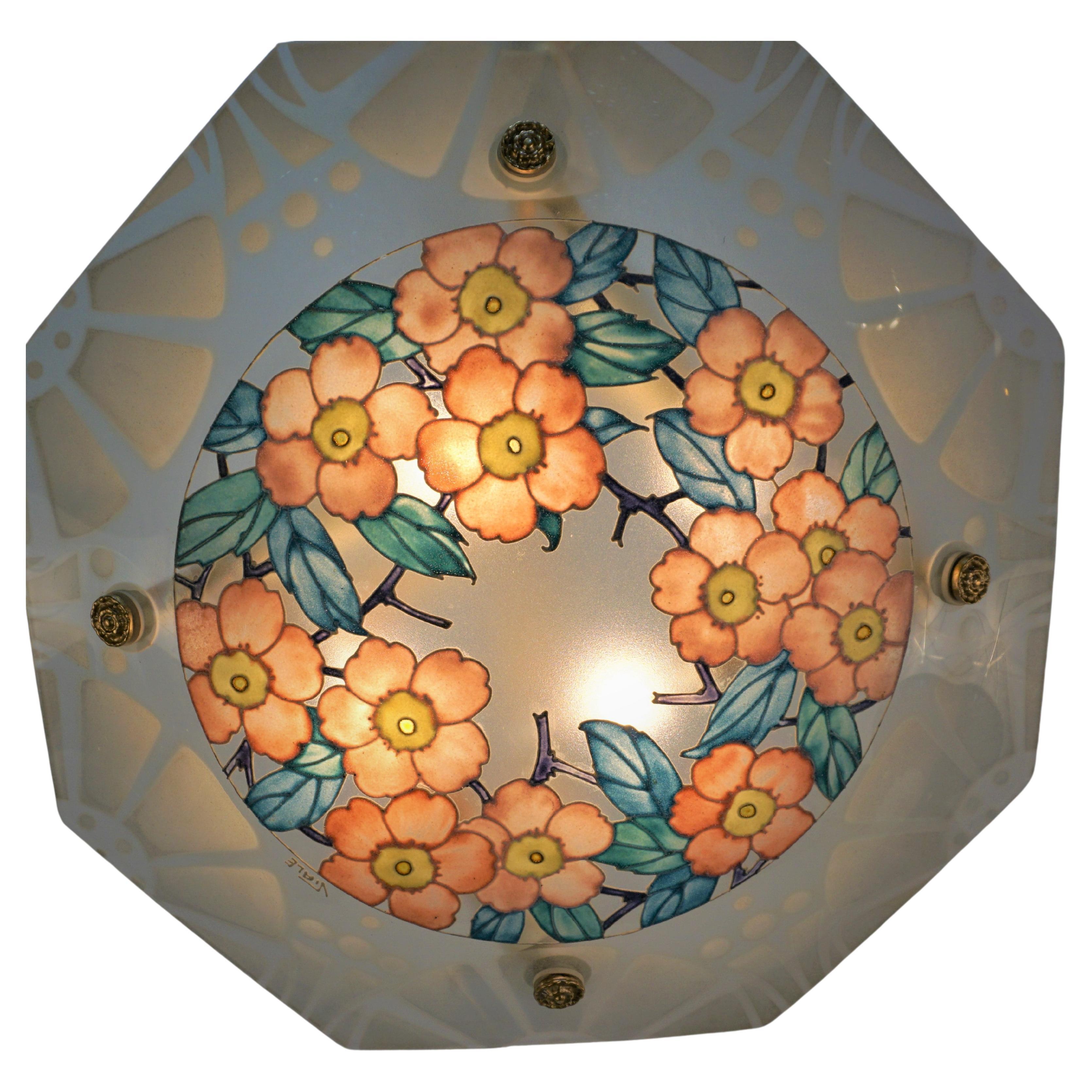 Art Deco Hand Painted Glass Chandelier with Bronze Fitting
