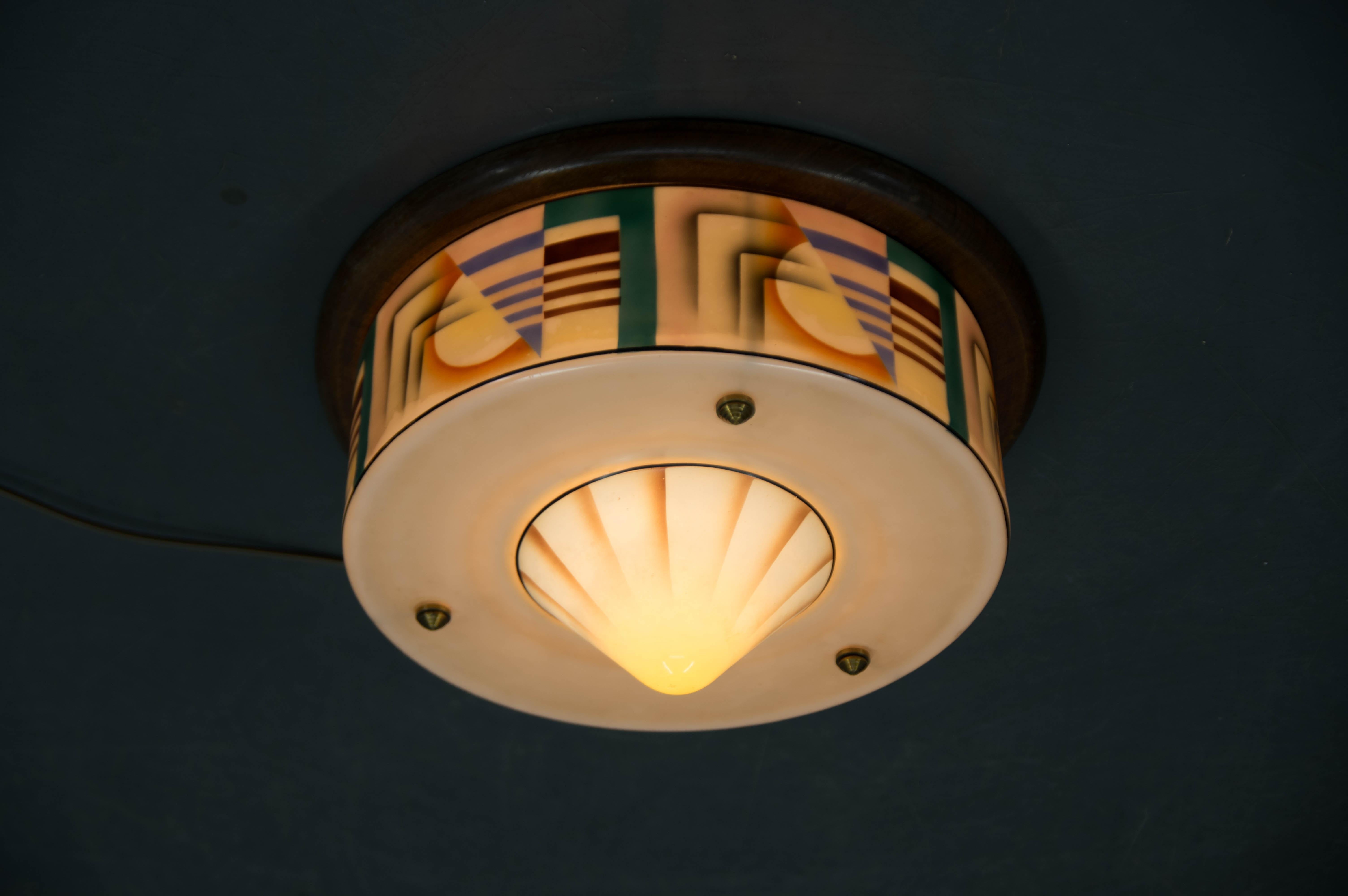 Ottone Art Deco, montatura ad incasso in vetro dipinto a mano, anni '20 in vendita