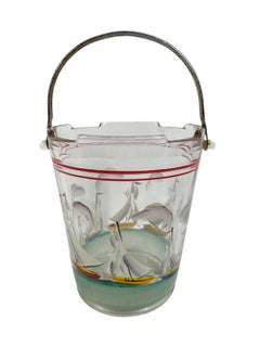 Art Deco Hand Painted Glass Ice Bucket w/Sailboats on a Green Sea