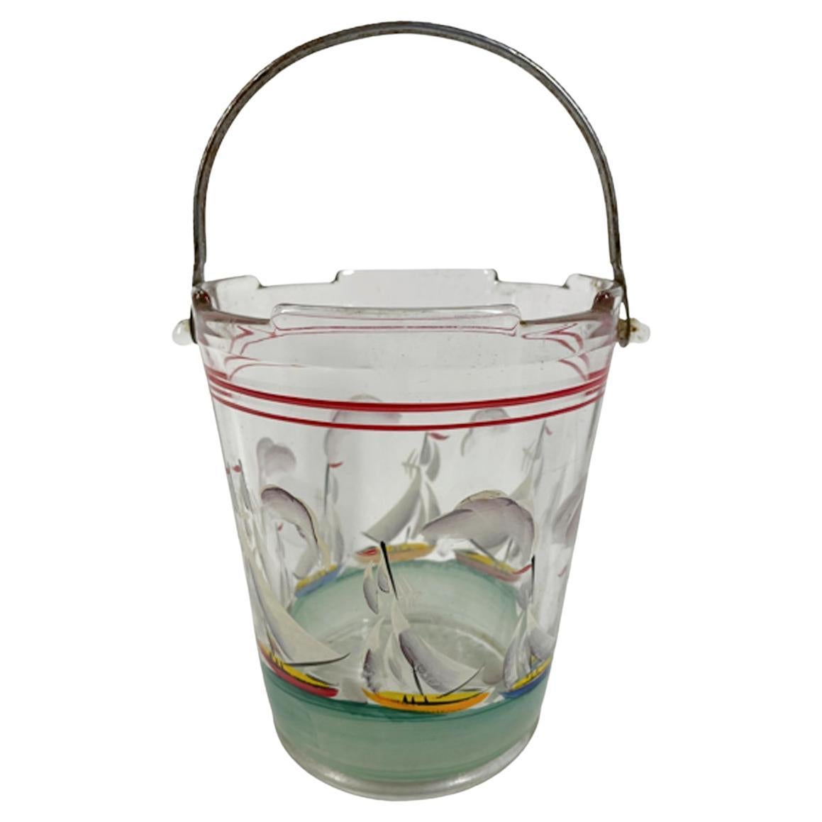 Art Deco Hand Painted Glass Ice Bucket w/Sailboats on a Green Sea 