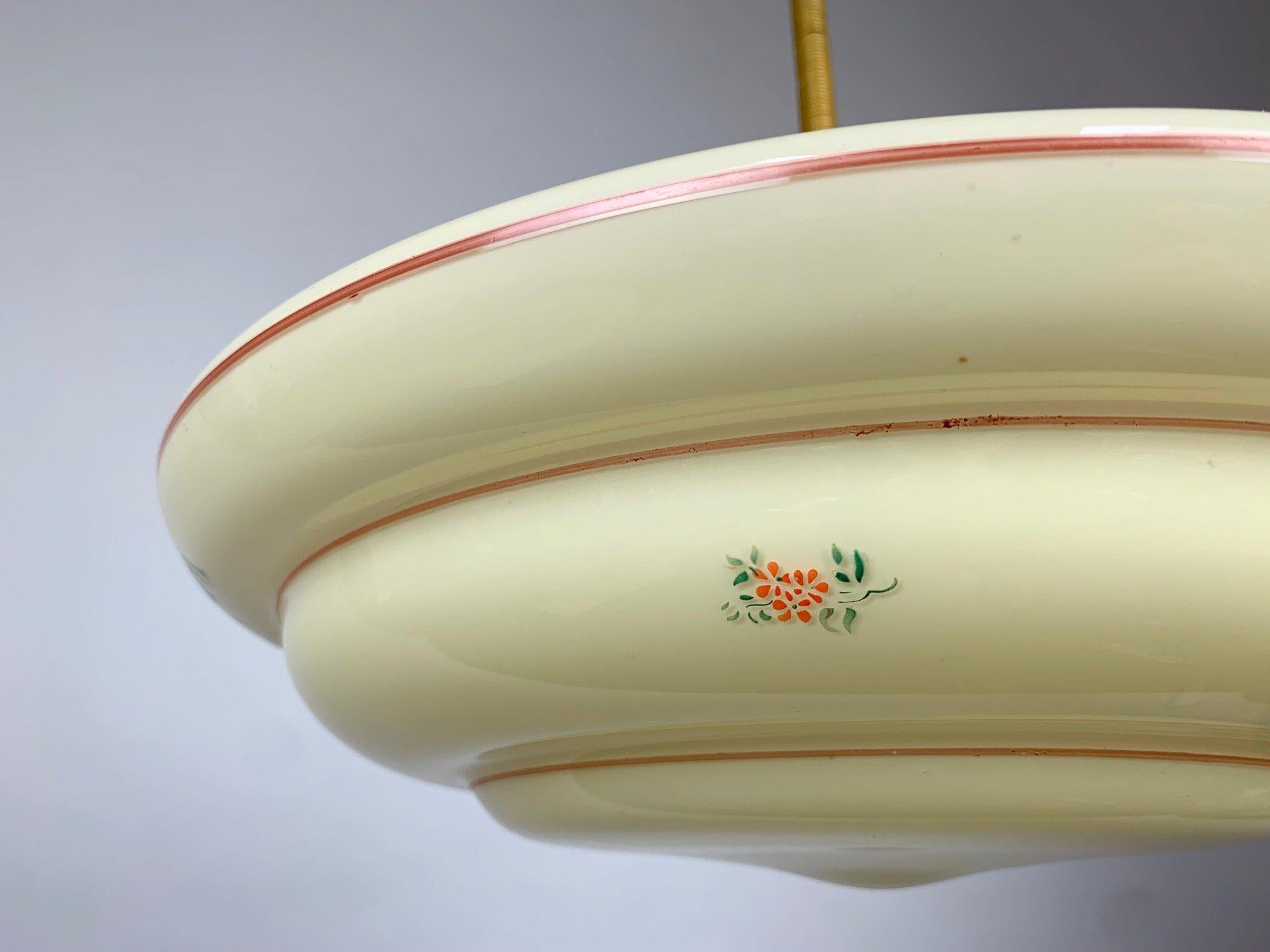 Art Deco Hand Painted Glass Pendant Light, 1930s For Sale 1