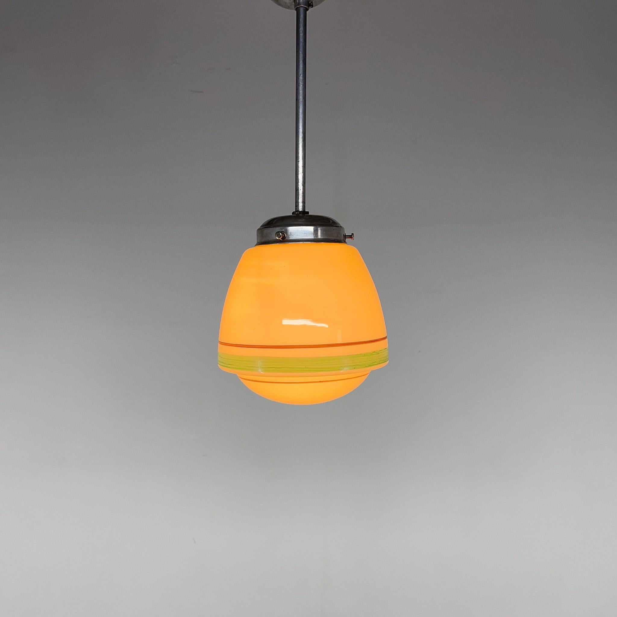 Art Deco Hand Painted Glass Pendant Light, 1930s In Good Condition In Praha, CZ