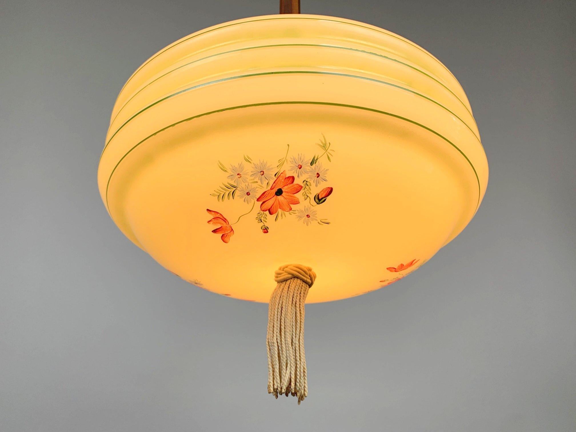 Art Deco Hand Painted Glass Pendant Light, 1930's In Good Condition For Sale In Praha, CZ