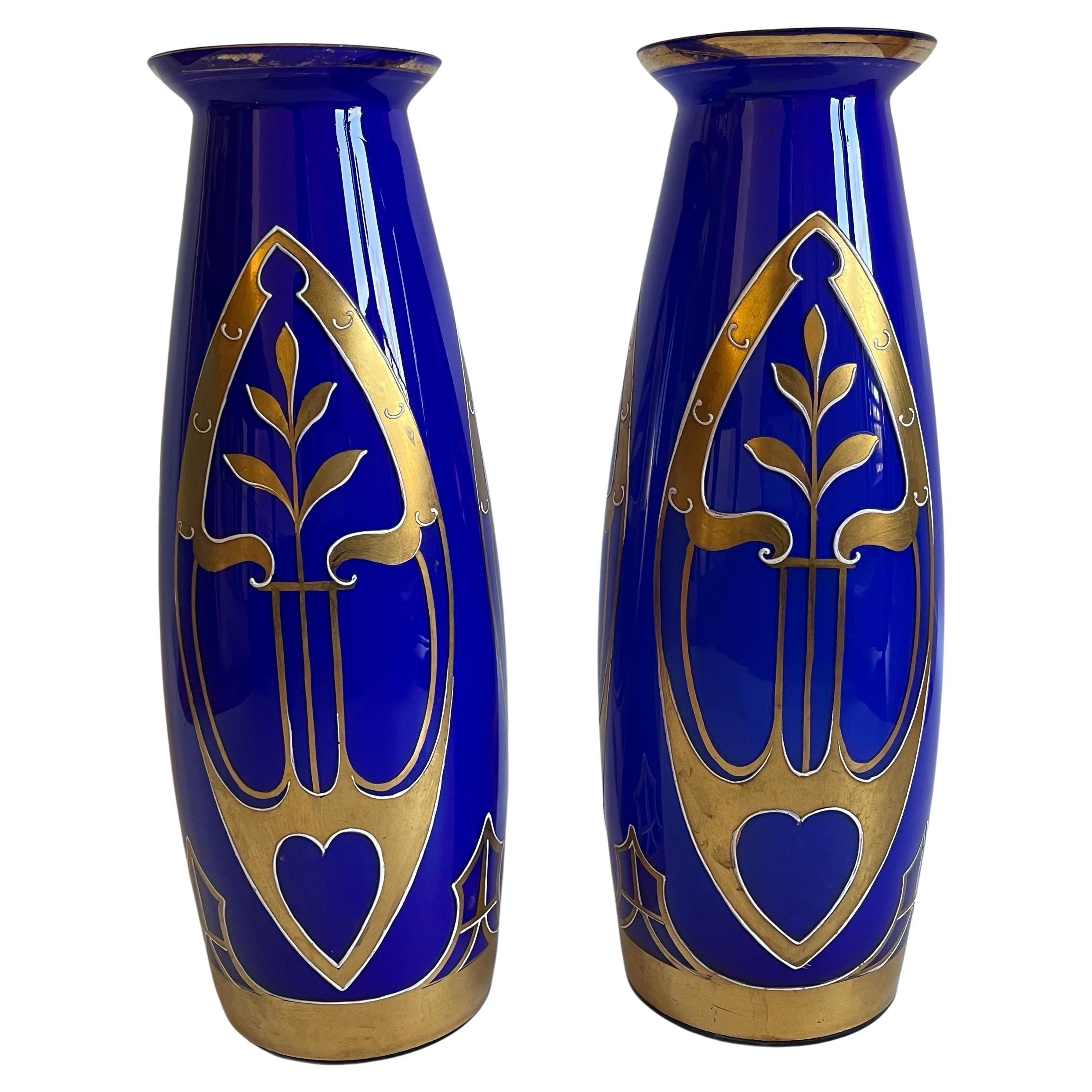 Art Deco Hand Painted Glass Vases, 1930’s, Set of 2 For Sale