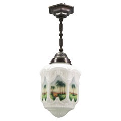 Art Deco Hand-Painted Opaline Glass Pendant Light or Lantern