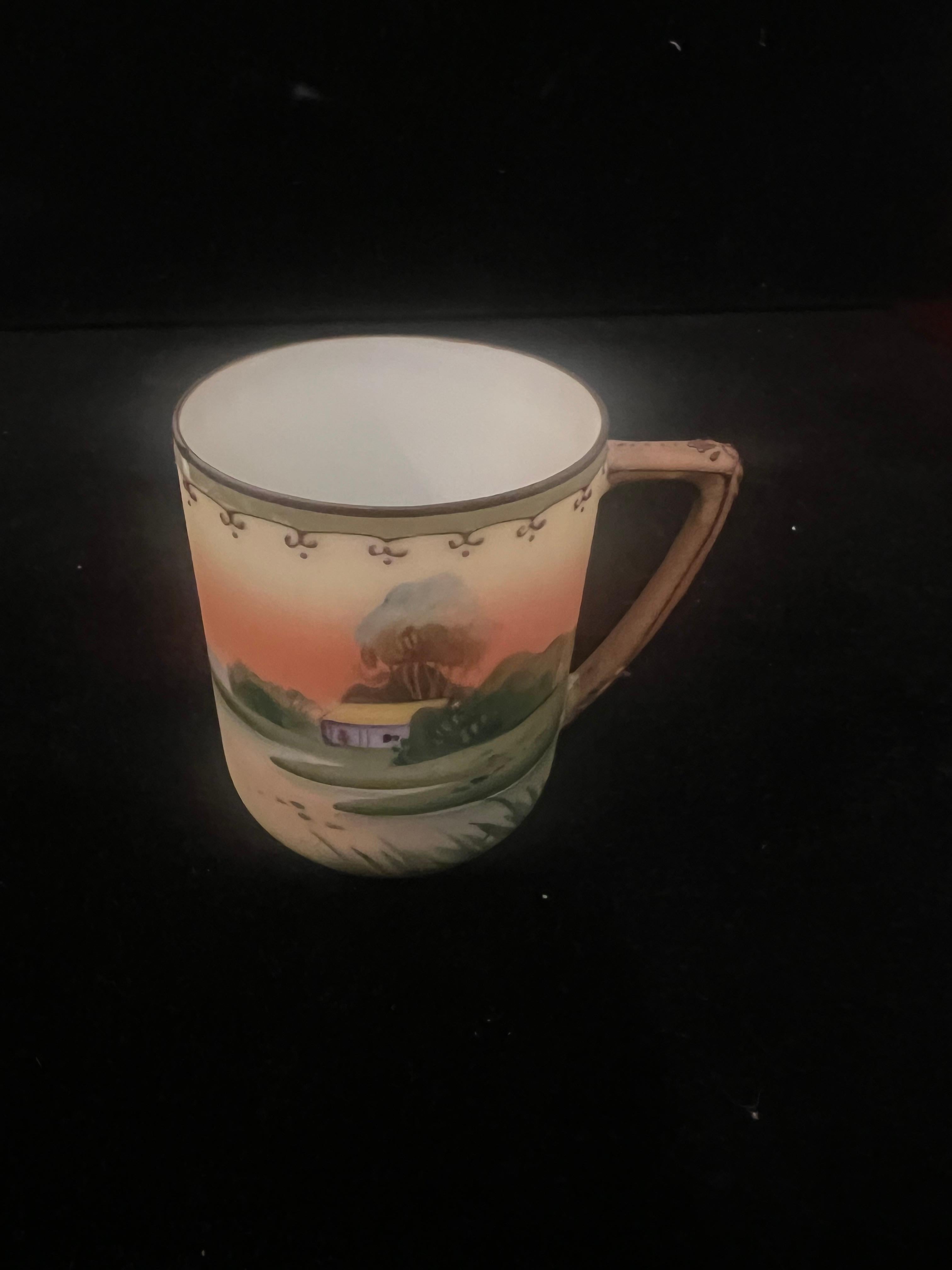 20th Century art Deco hand Painted Porcelain Set of Tea Cups & Saucers by Nippon Japan For Sale