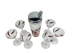 Art Deco, Hand Painted Rooster Cocktail Shaker & 6 Stemmed Glasses