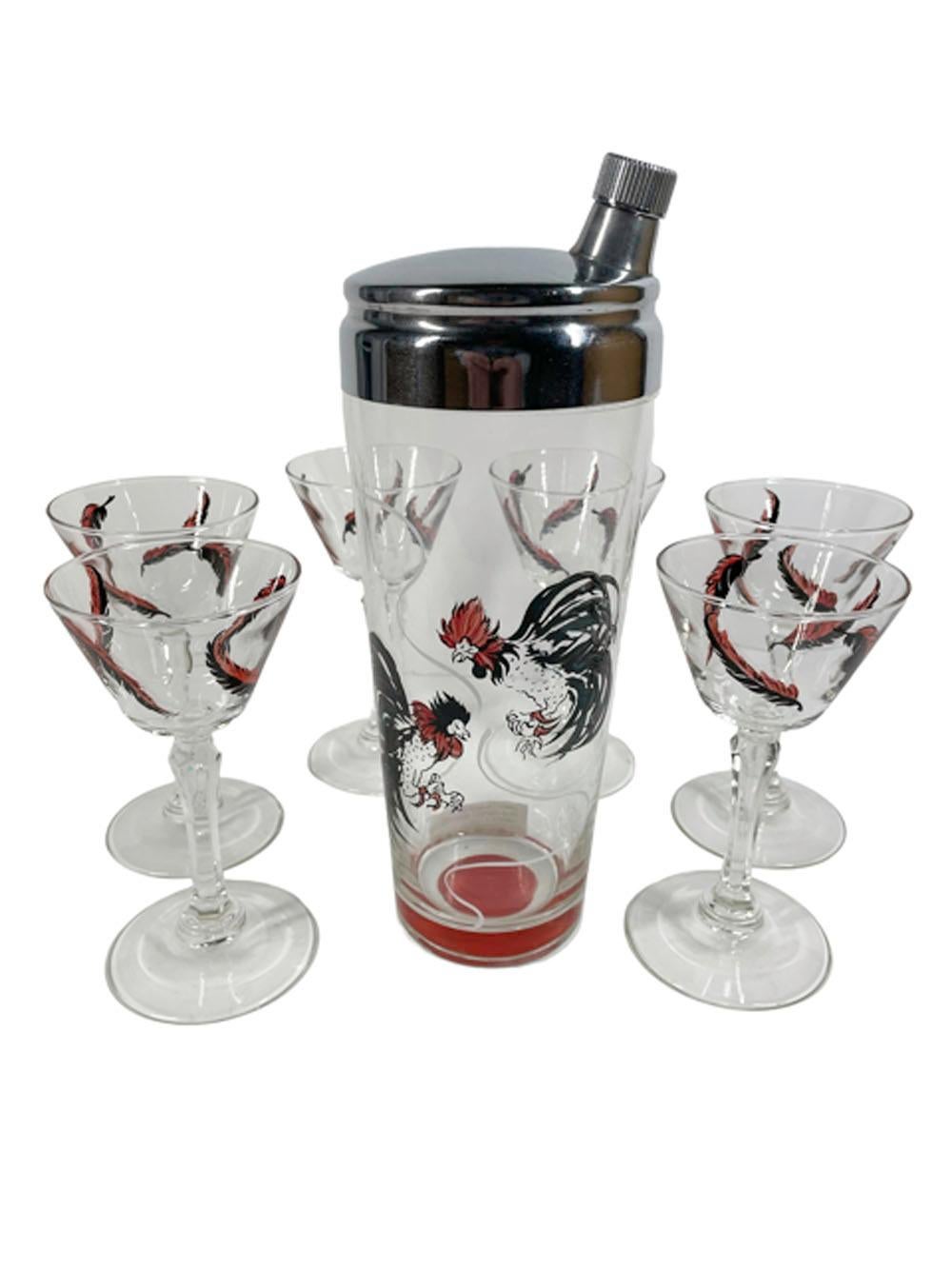 Art Deco, Hand Painted Rooster Cocktail Shaker & 6 Stemmed Glasses For Sale 2