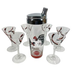 Antique Art Deco, Hand Painted Rooster Cocktail Shaker & 6 Stemmed Glasses