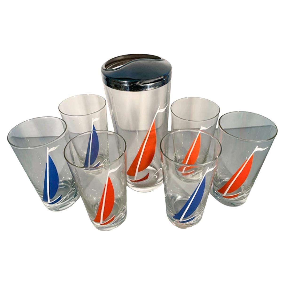 Art Deco Hand Painted Sailboat Cocktail Pitcher and Glasses in Blue and Orange For Sale