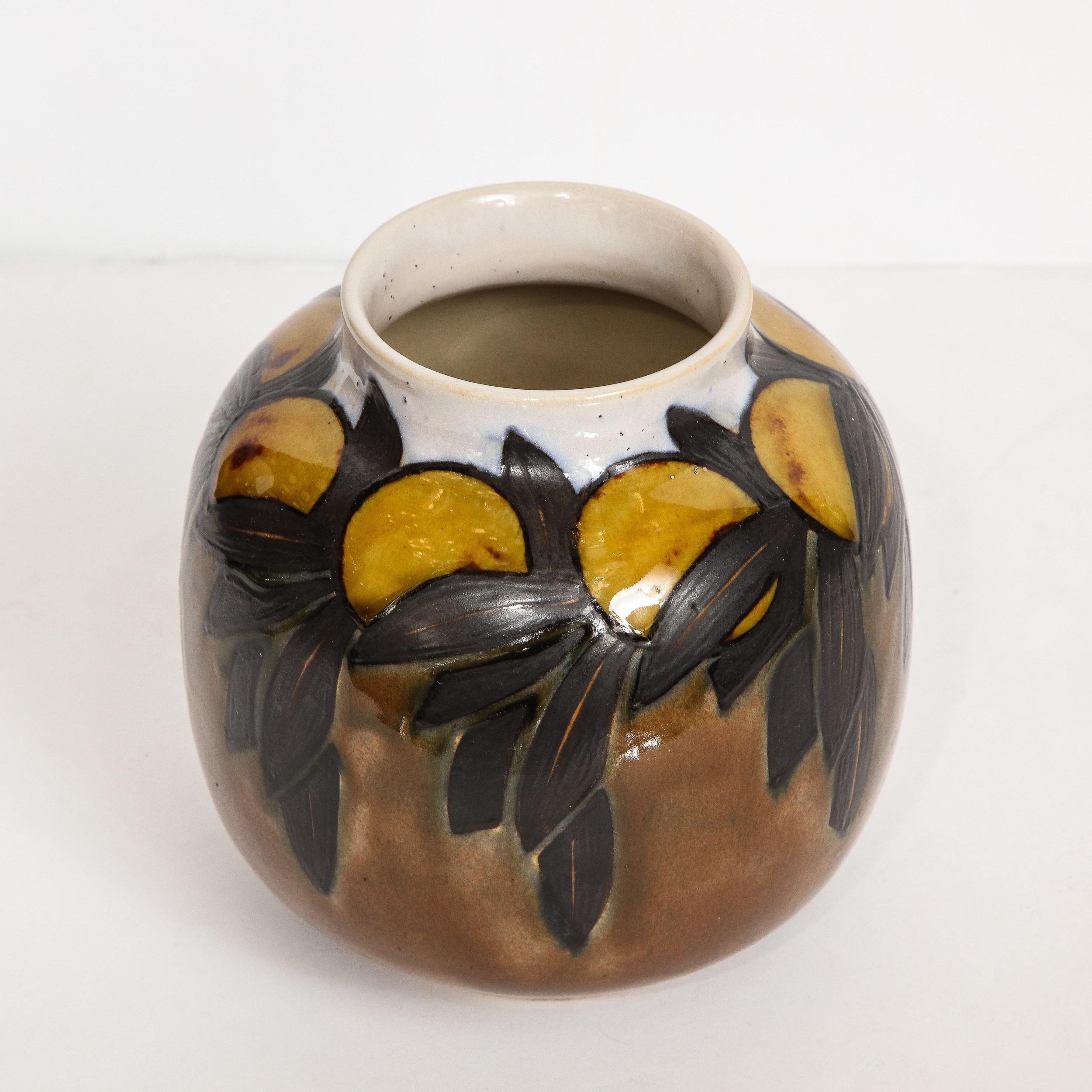 Mid-20th Century Art Deco Hand Painted Stylized Foliate Glazed Ceramic Vase Signed Royal Doulton