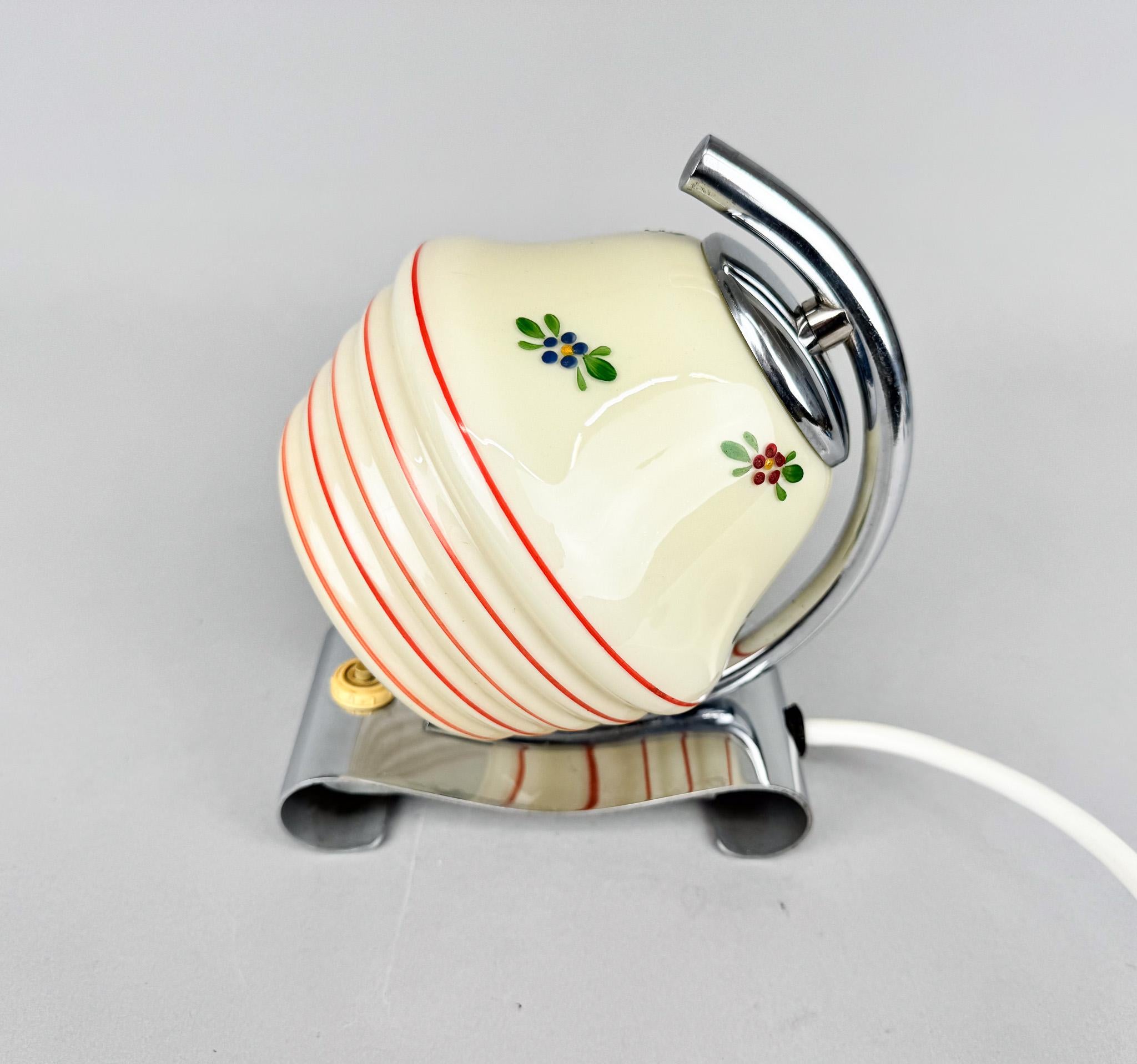 Glass Art Deco Hand Painted Table or Bedside Lamp, Czechoslovakia
