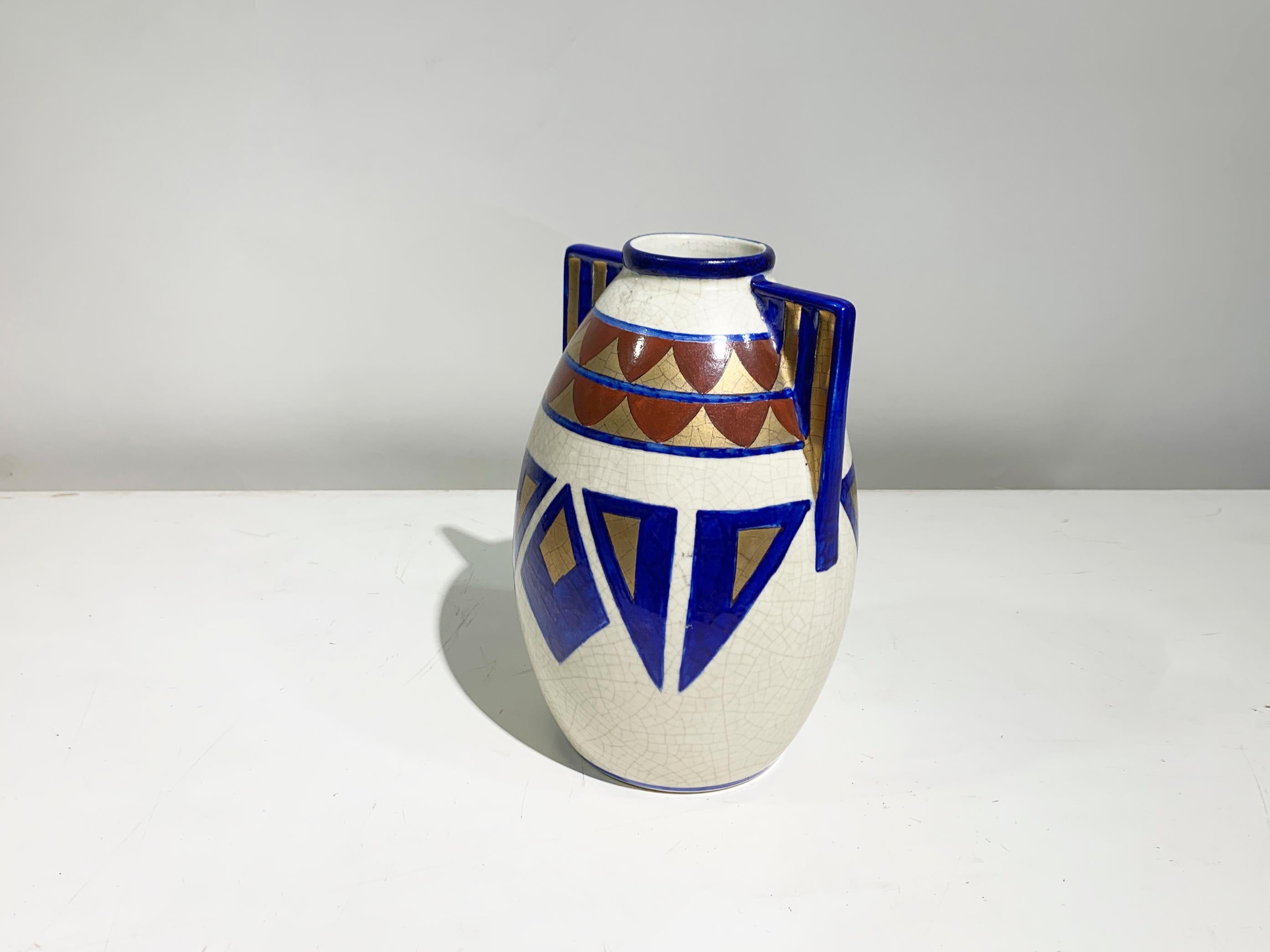 Francese Vaso Art Déco dipinto a mano, motivi geometrici, Francia in vendita