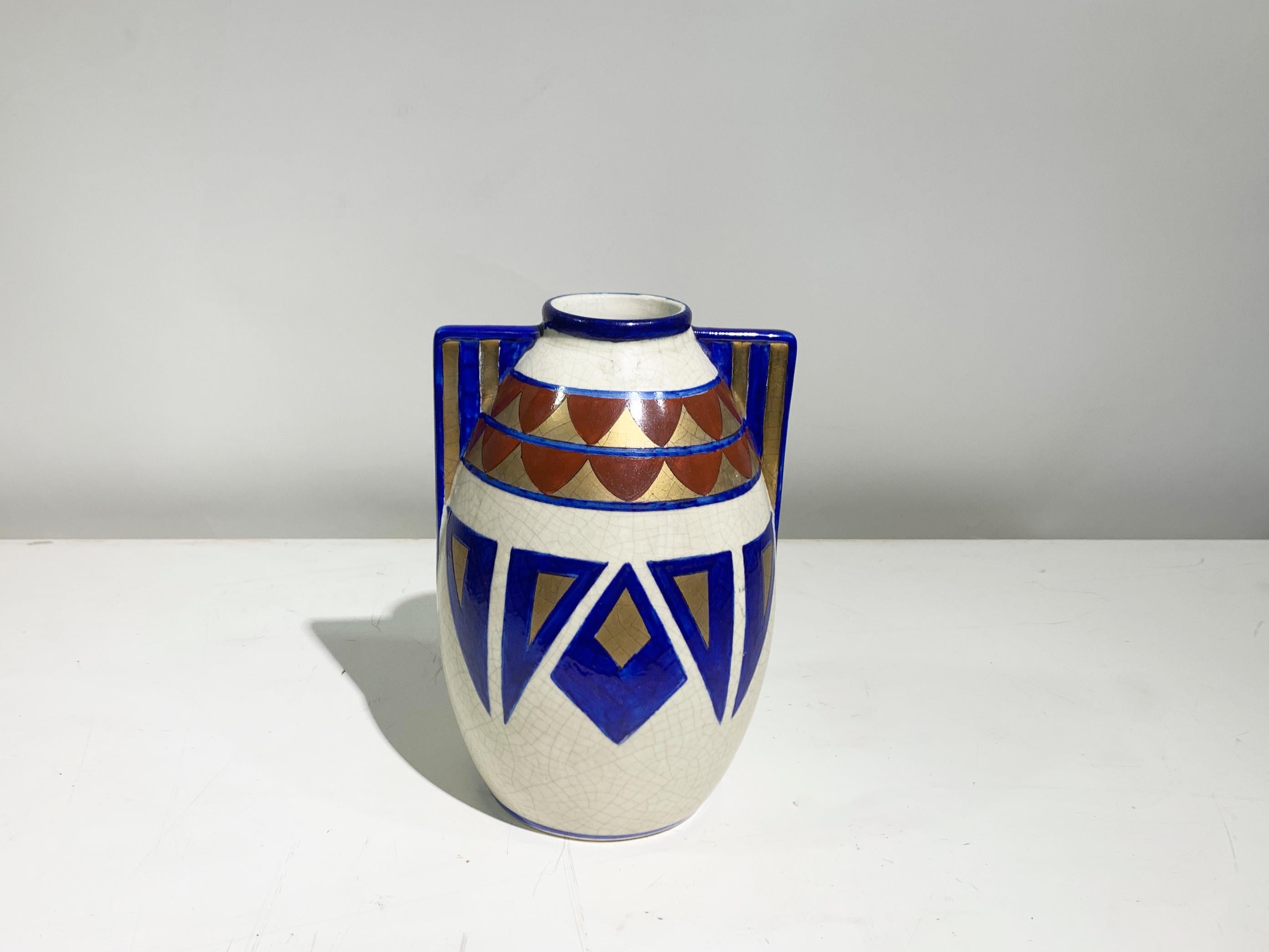 Inizio XX secolo Vaso Art Déco dipinto a mano, motivi geometrici, Francia in vendita