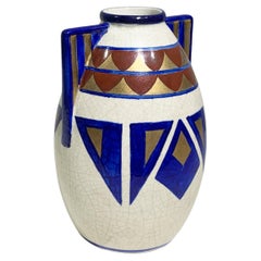 Handbemalte Art-Déco-Vase mit geometrischen Motiven, Frankreich