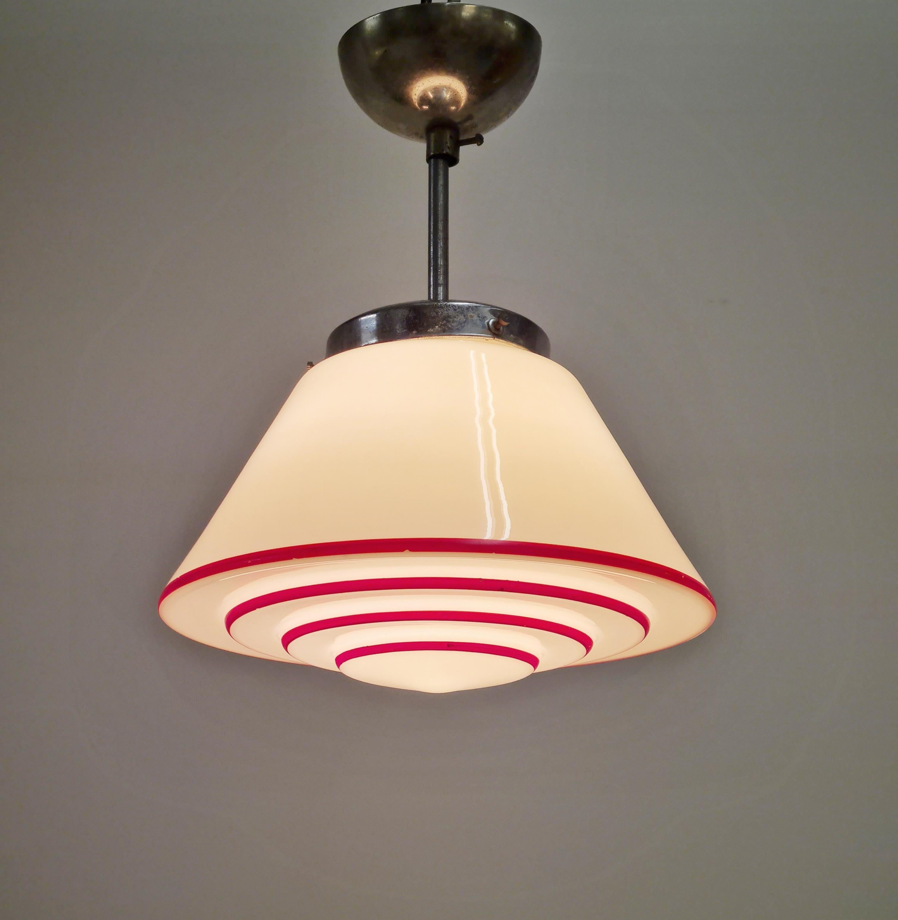 Art Deco Hand Painted Ziggurat Ceiling Pendant, Finland 1940s 5