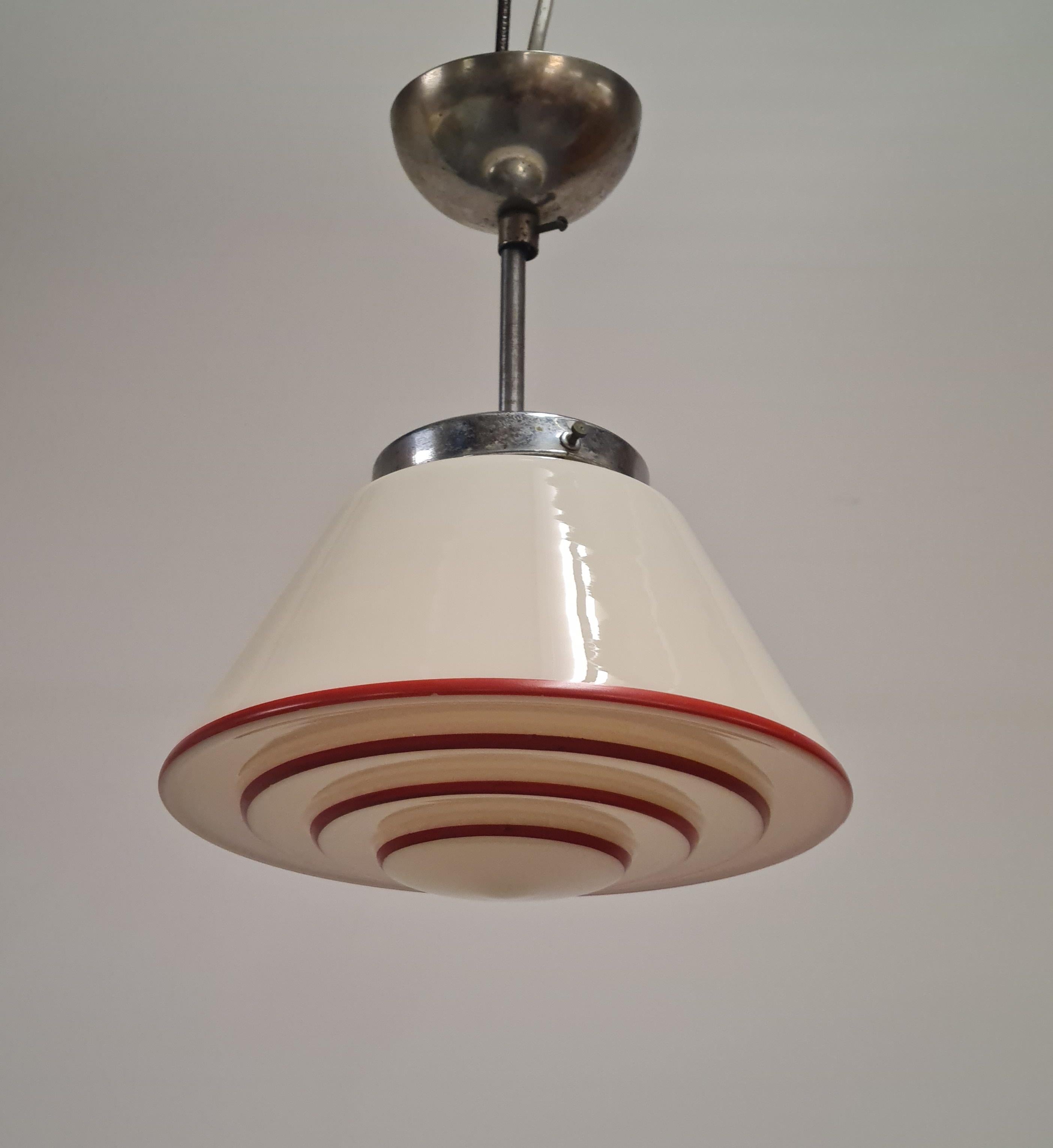 Art Deco Hand Painted Ziggurat Ceiling Pendant, Finland 1940s In Good Condition In Helsinki, FI